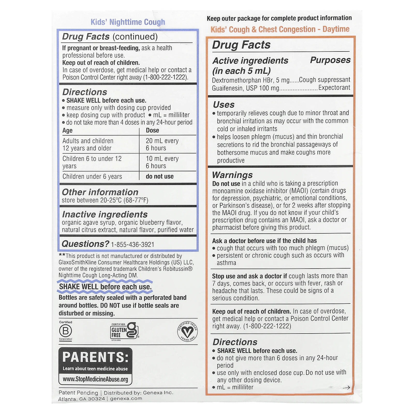 Genexa, Дети от кашля и заложенности груди для детей от 4 лет, от ночного кашля для детей от 6 лет, органическая голубика, 2 пакетика по 118 мл (4 жидк. унц.)