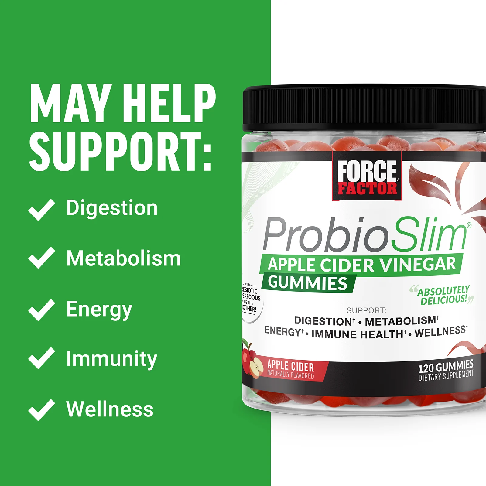 Force Factor, ProbioSlim, жевательные мармеладки с яблочным уксусом, 120 жевательных таблеток