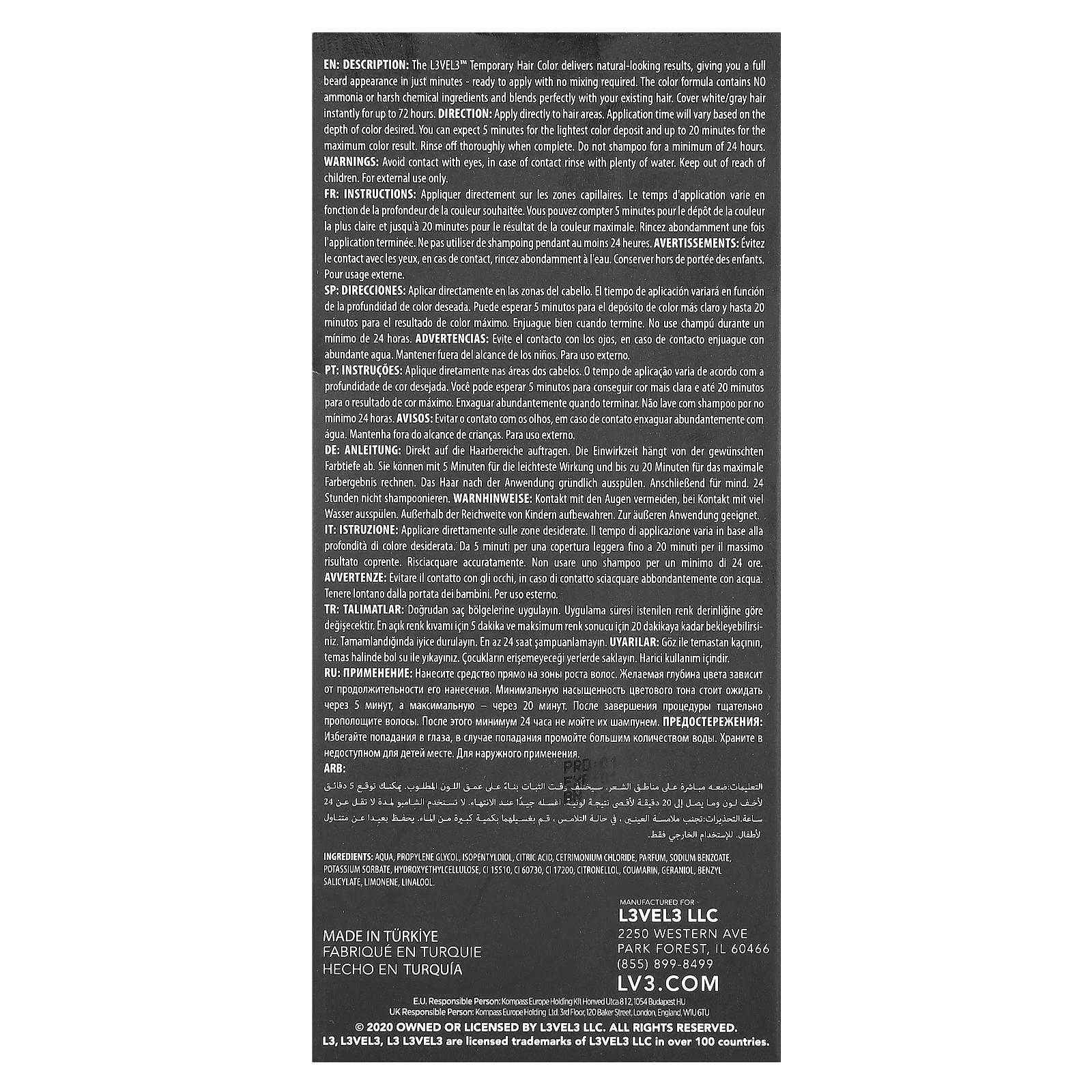 Level 3, Временная краска для волос, черная, 125 мл (4,2 жидк. Унции)