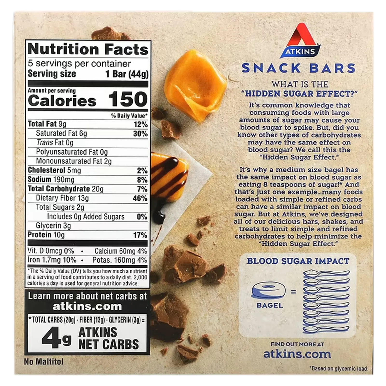 Atkins, Snack, хрустящий батончик для перекуса, карамель и двойной шоколад, 5 штук по 44 г (1,55 унции)