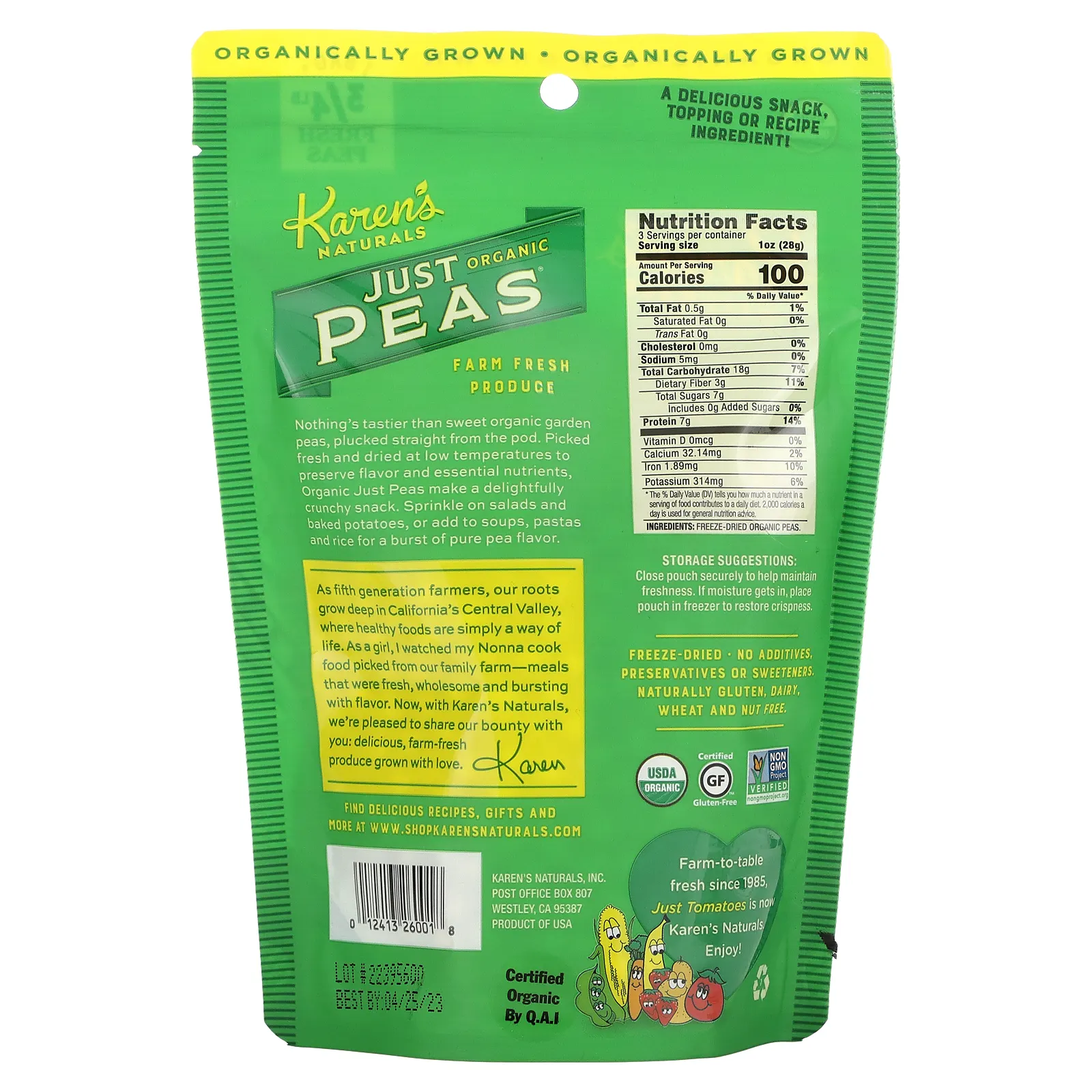 Karen's Naturals, Органический горох, 3,5 унции (98 г)