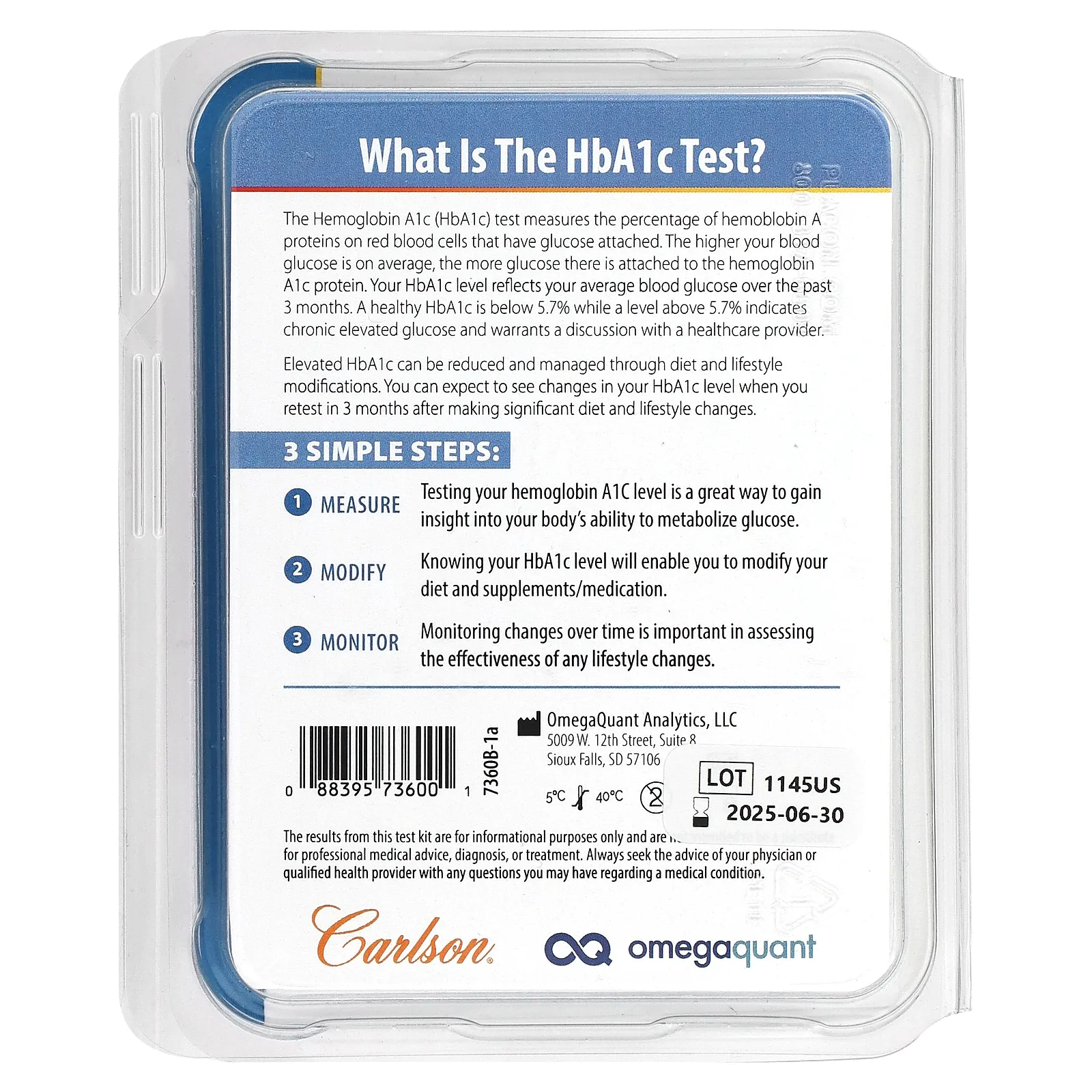 Carlson, A1C, набор для определения уровня сахара в крови, 1 набор
