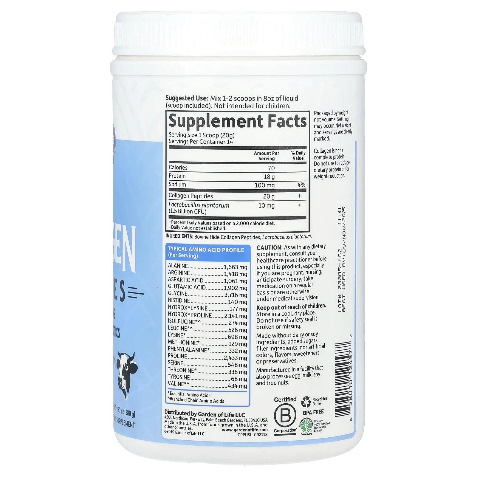 Garden of Life, экологически чистые пептиды коллагена, без вкусовых добавок, 280 г (9.87 унций)