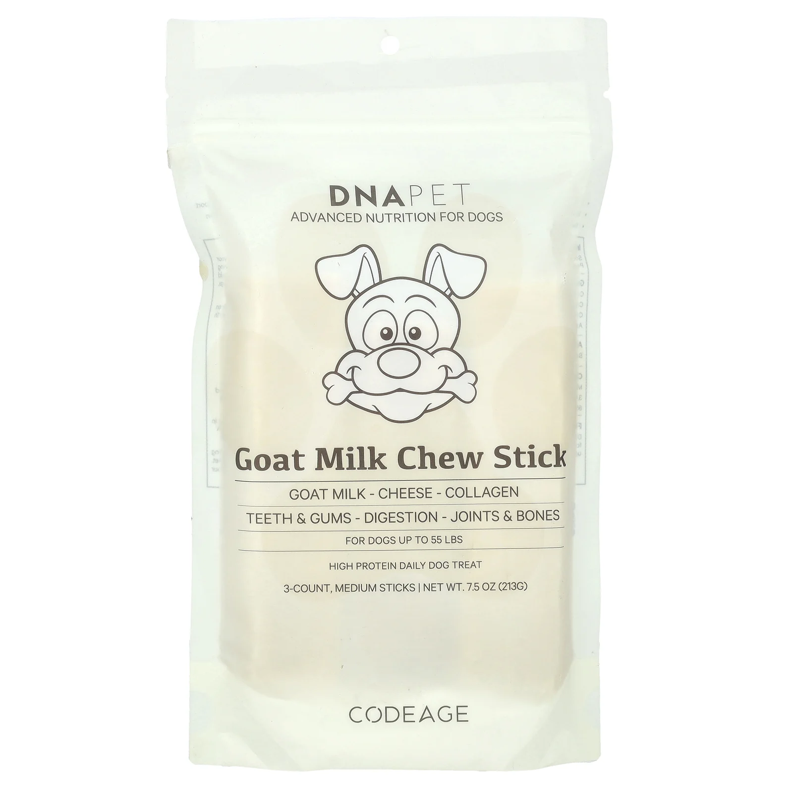 Codeage, DNA Pet, жевательная палочка с козьим молоком, для собак, средняя, 3 шт., 213 г (7,5 унции)
