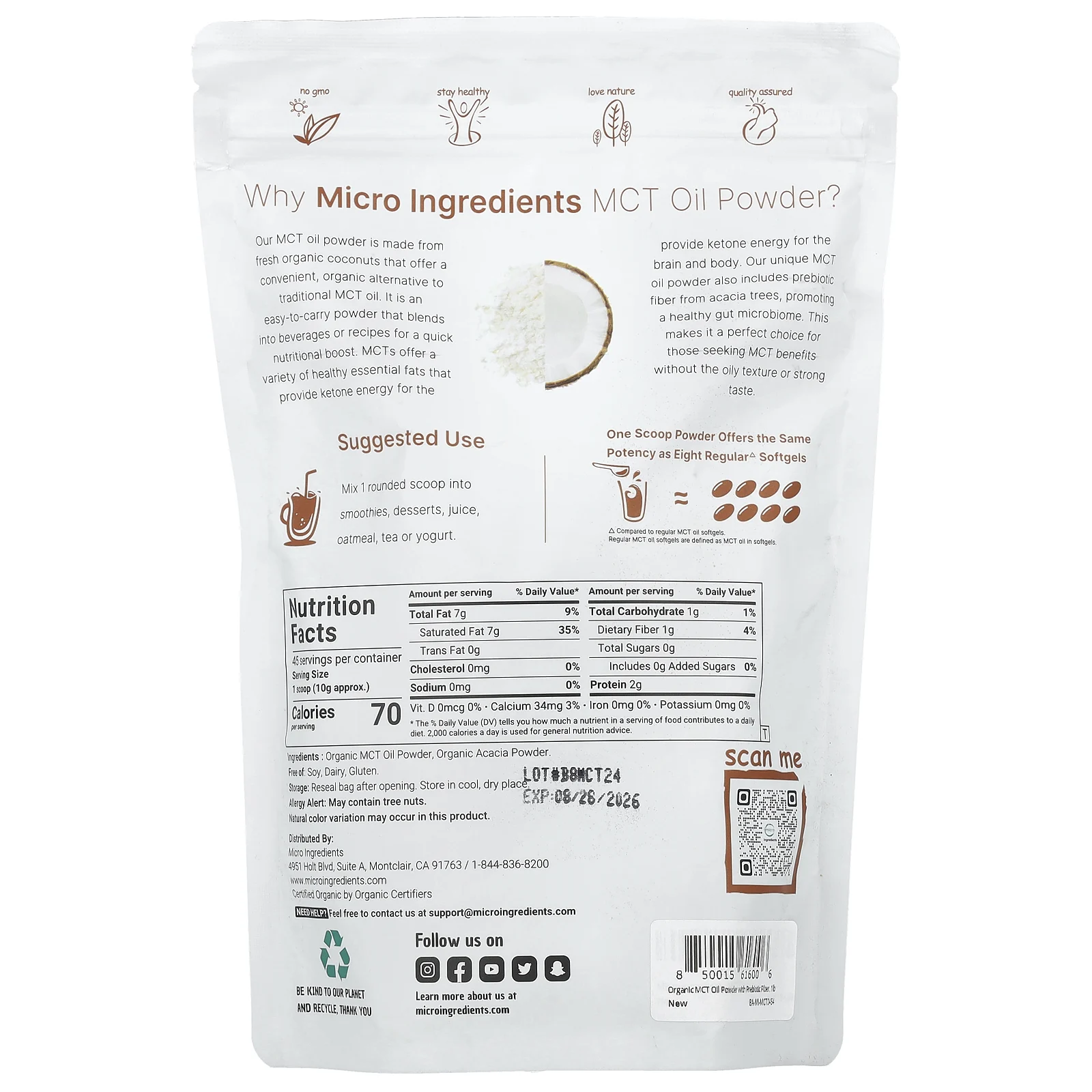 Micro Ingredients, Порошок из органического масла MCT с пребиотической клетчаткой, 454 г (1 фунт)