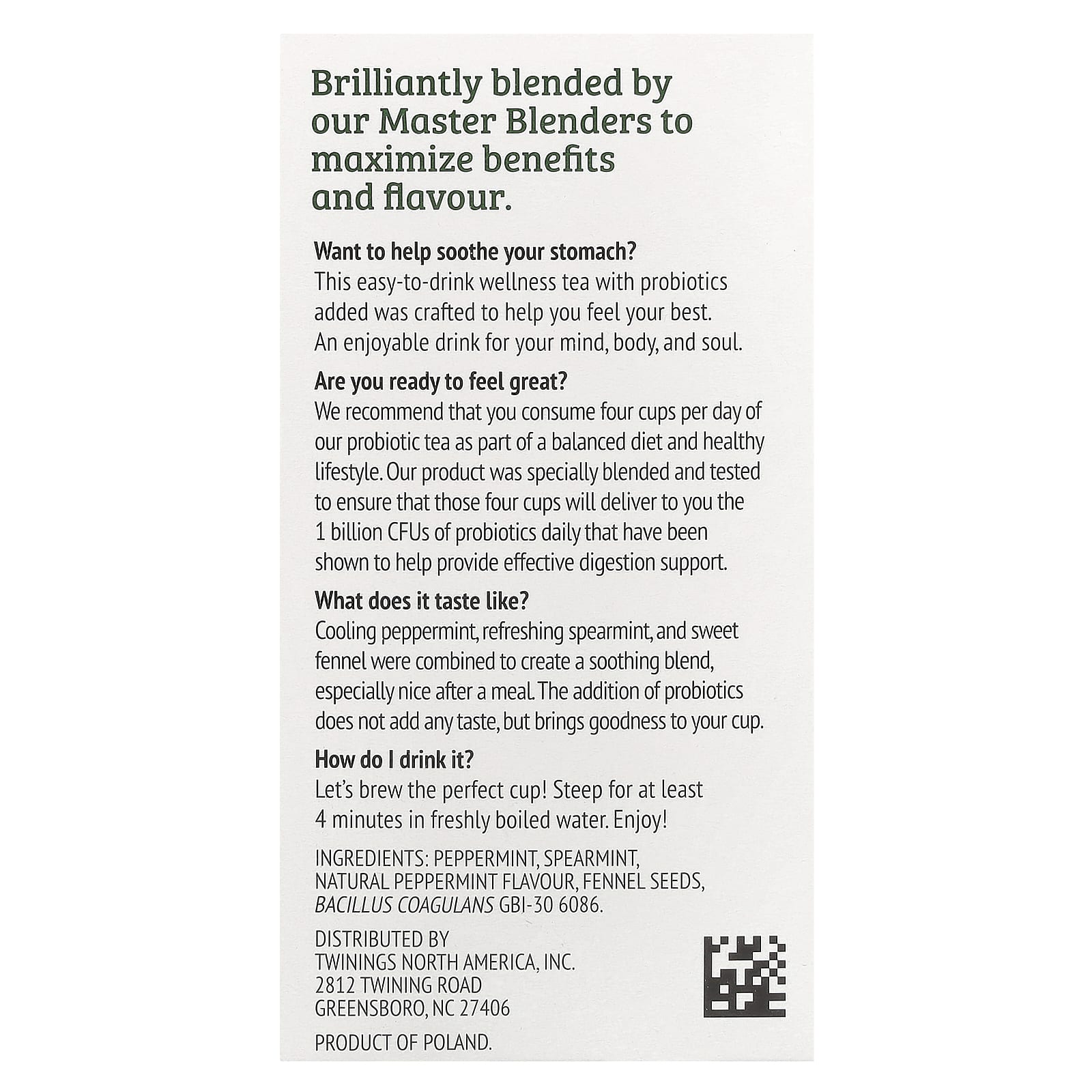 Twinings, Probiotics, травяной чай, перечная мята и фенхель, без кофеина, 18 чайных пакетиков, 36 г (1,27 унции)