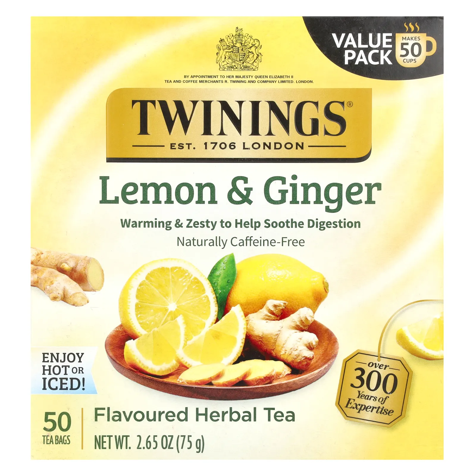Twinings, травяной чай, лимон и имбирь, без кофеина, 50 чайных пакетиков, 75 г (2,65 унции)