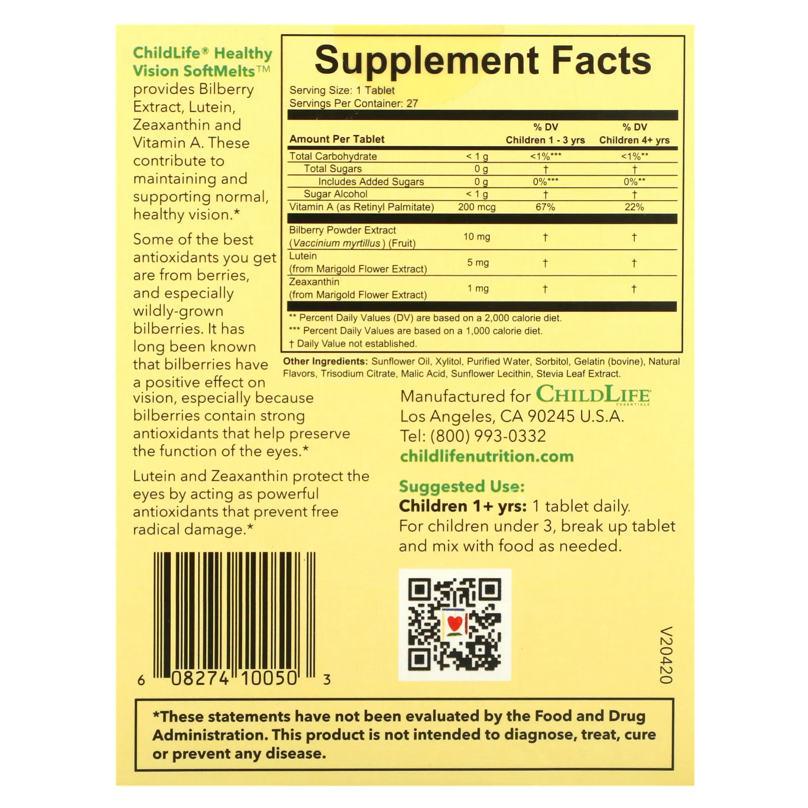 ChildLife Essentials, Healthy Vision SoftMelts, натуральный ягодный вкус, 27 таблеток