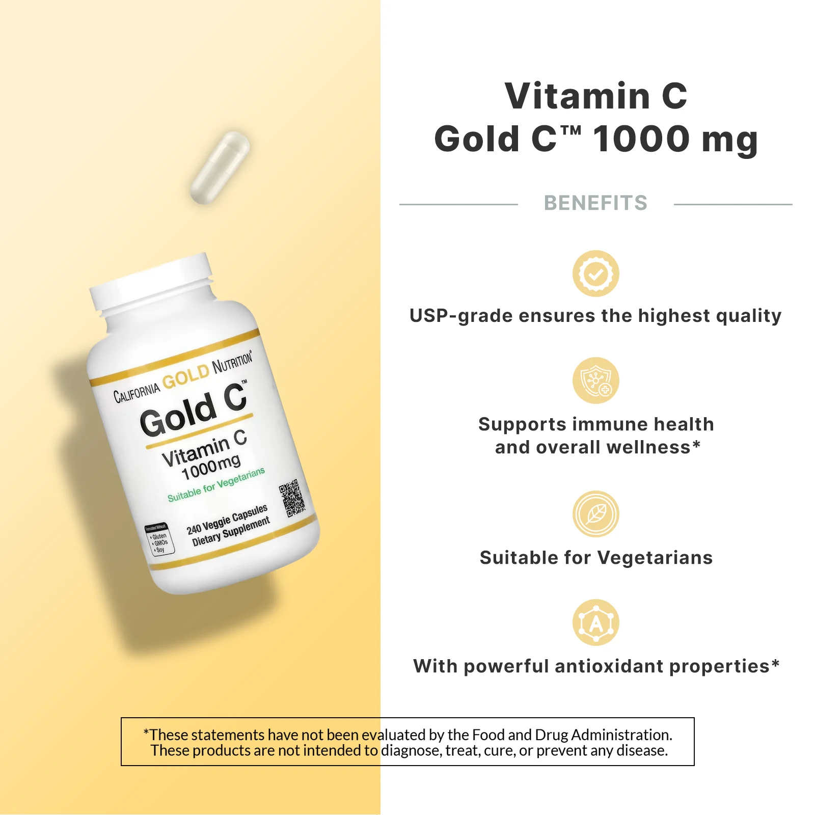 California Gold Nutrition, Gold C, витамин C класса USP, 1000 мг, 240 вегетарианских капсул