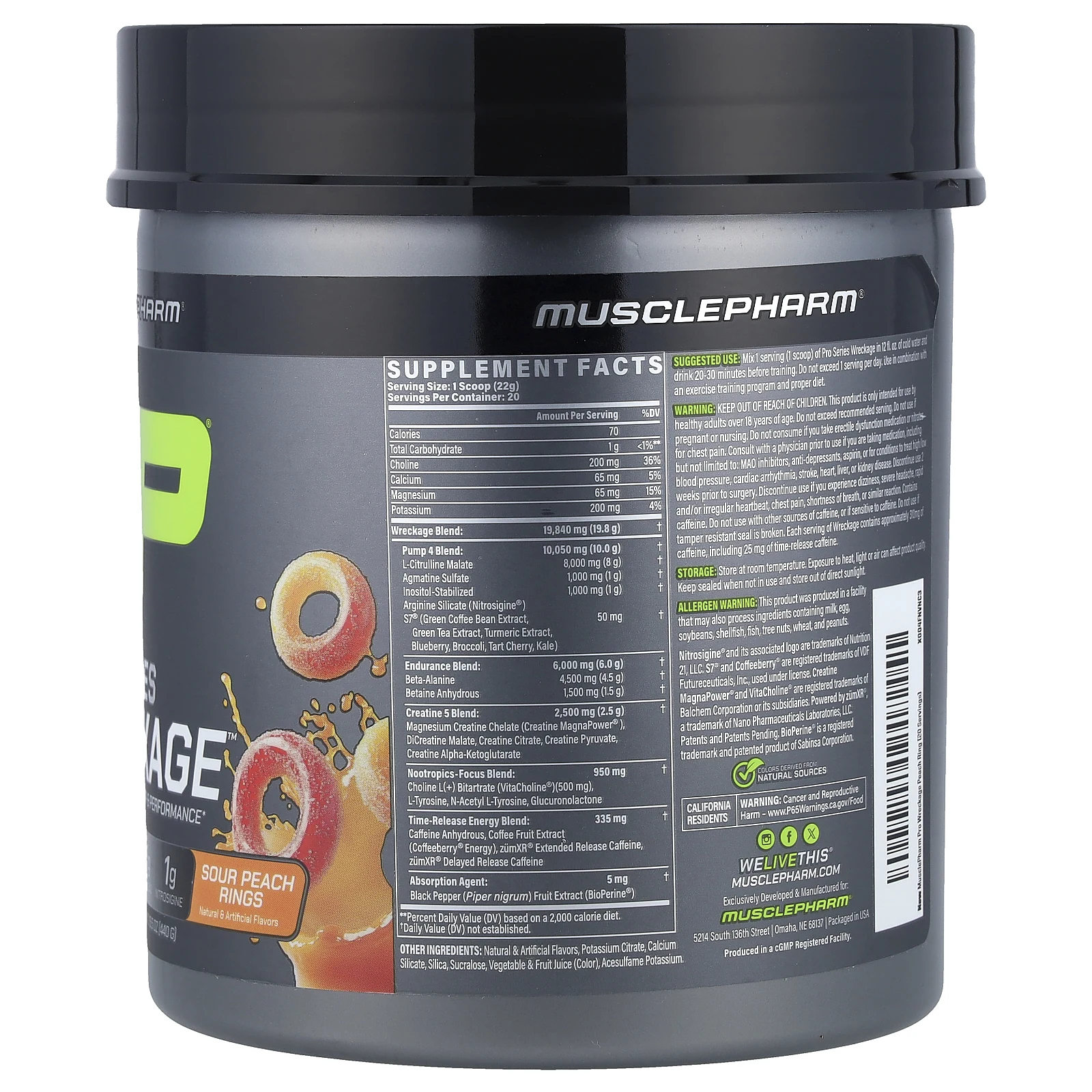 MusclePharm, Pro Series Wreckage™, предтренировочный комплекс, кусочки кислого персика, 440 г (15,5 унции)