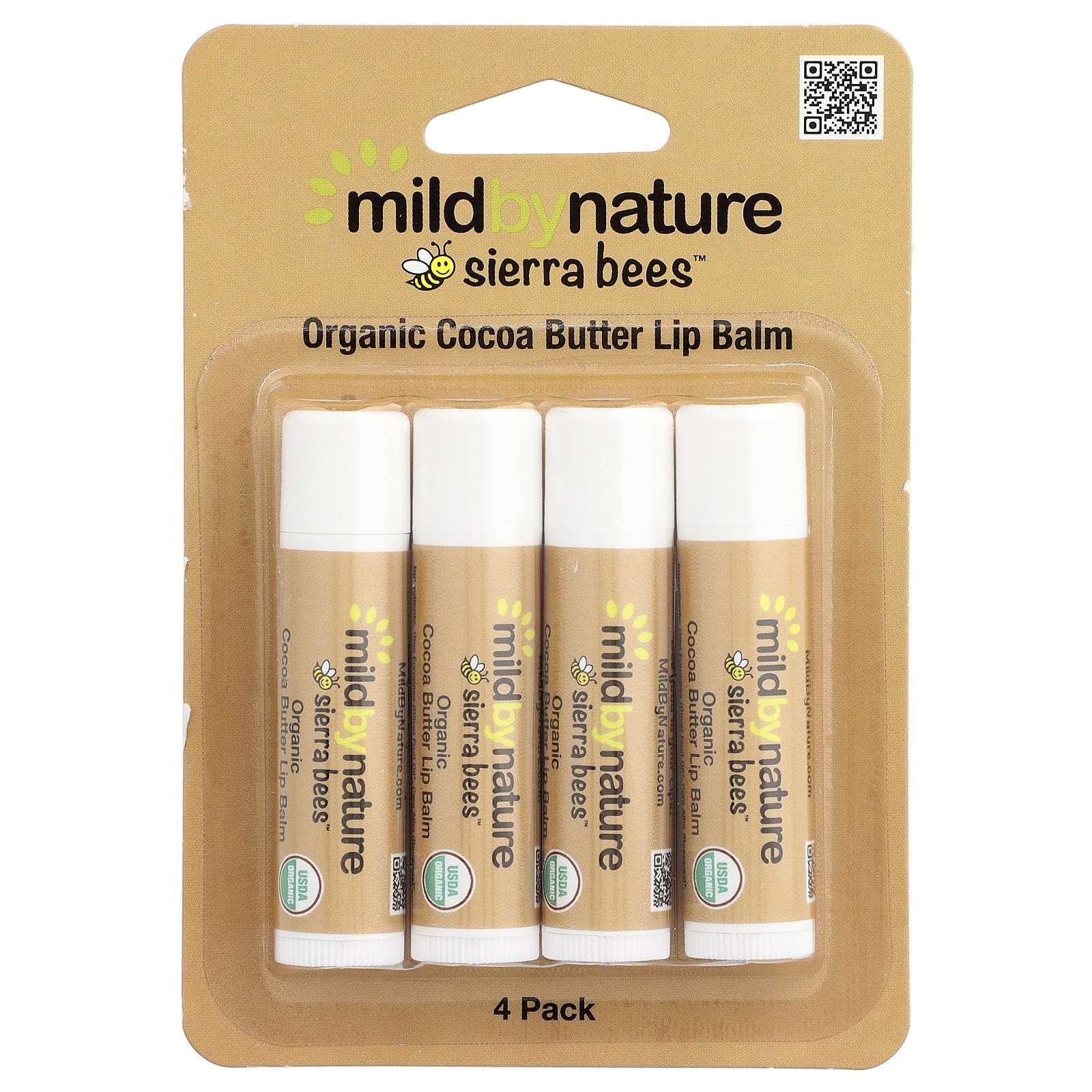 Mild By Nature, Sierra Bees™, органические бальзамы для губ, какао-масло, 4 шт. по 4,25 г (0,15 унции)