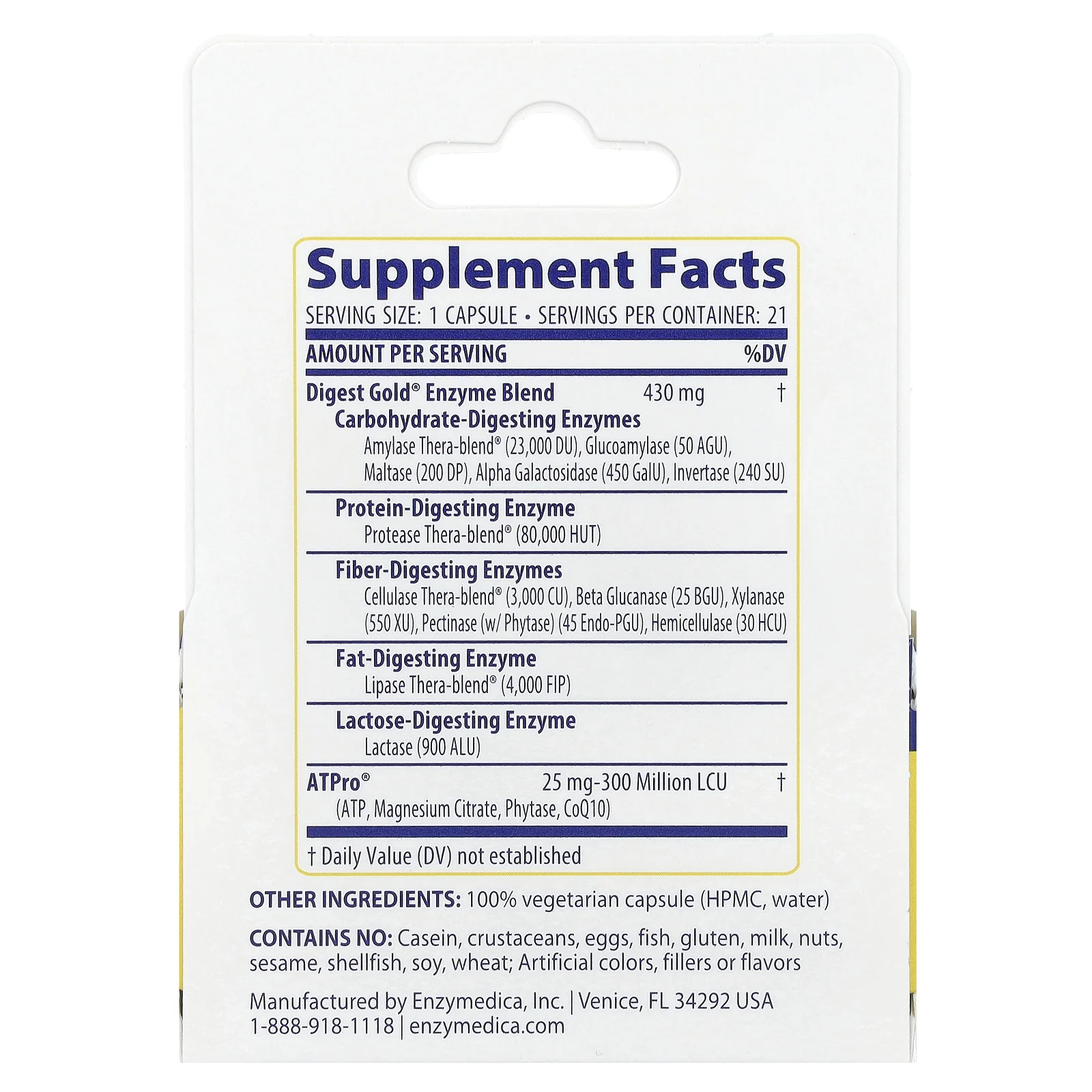 Enzymedica, Digest Gold с ATPro, добавка с пищеварительными ферментами, 21 капсула