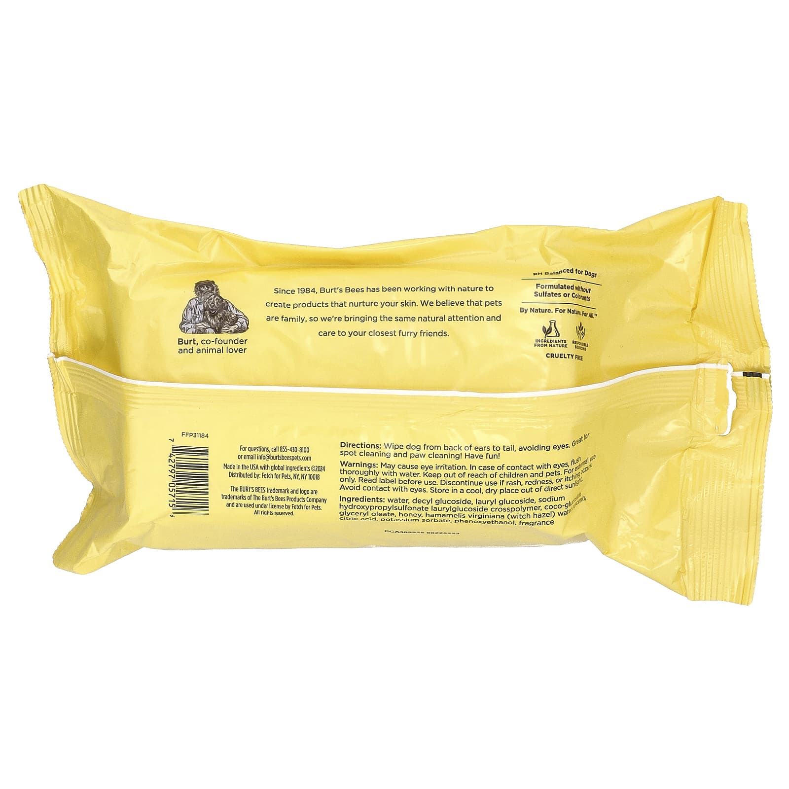 Burt's Bees, дезодорирующие салфетки с гамамелисом, для собак, лемонграсс и шалфей, 100 шт.
