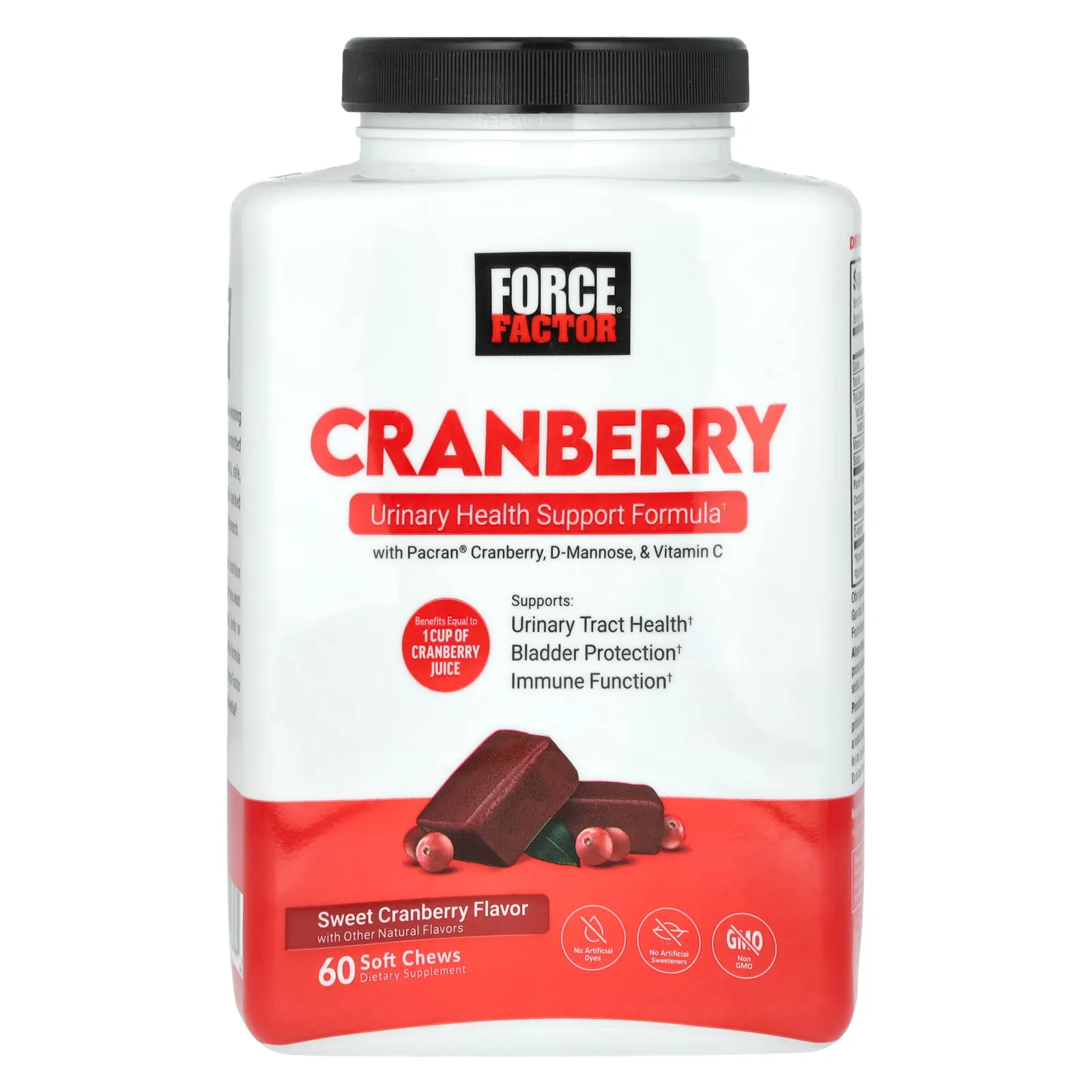 Force Factor, Клюква с D-маннозой и витамином C, сладкая клюква, 60 жевательных таблеток
