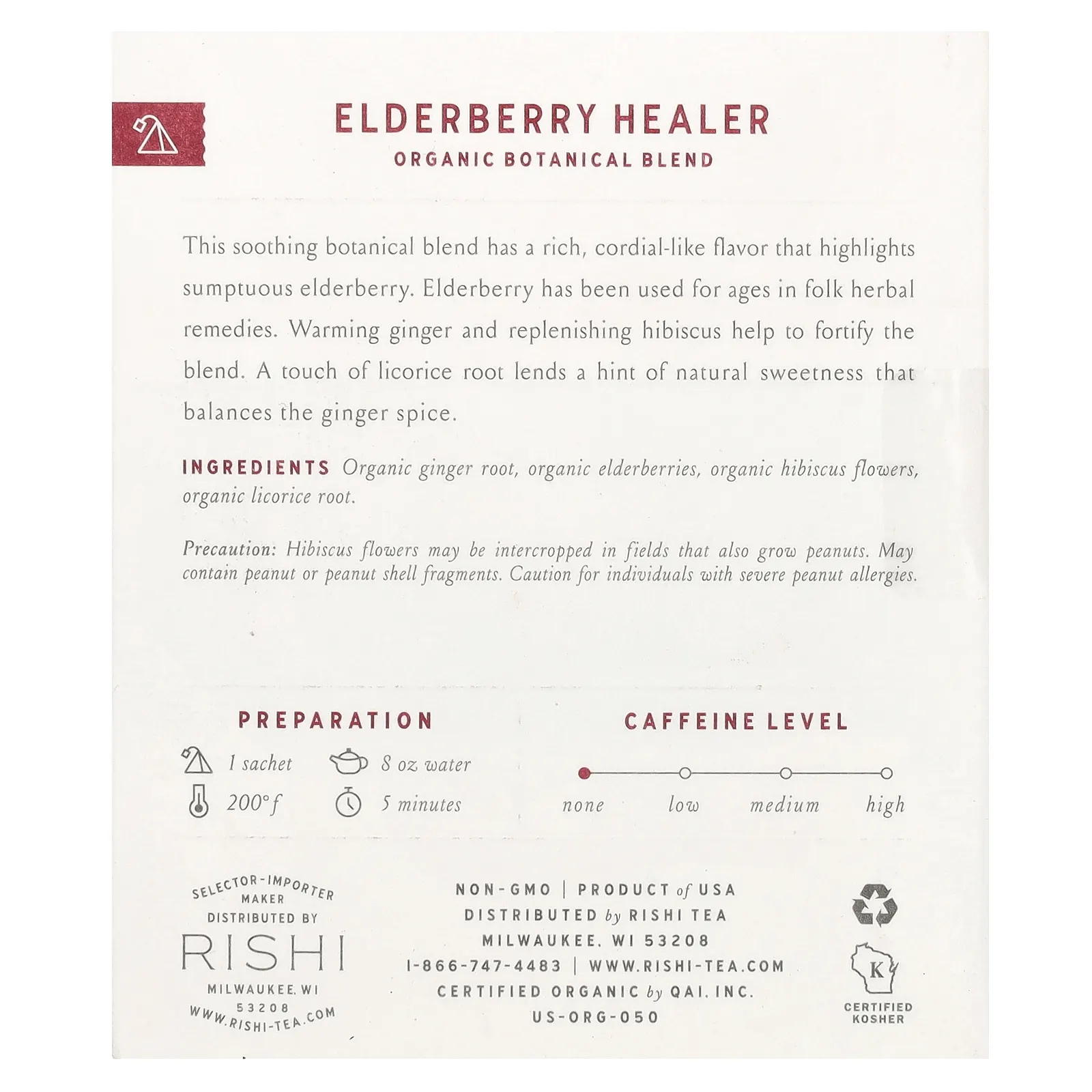 Rishi Tea, органическая растительная смесь, бузина, без кофеина, 15 пакетиков по 55,5 г (1,95 унции)