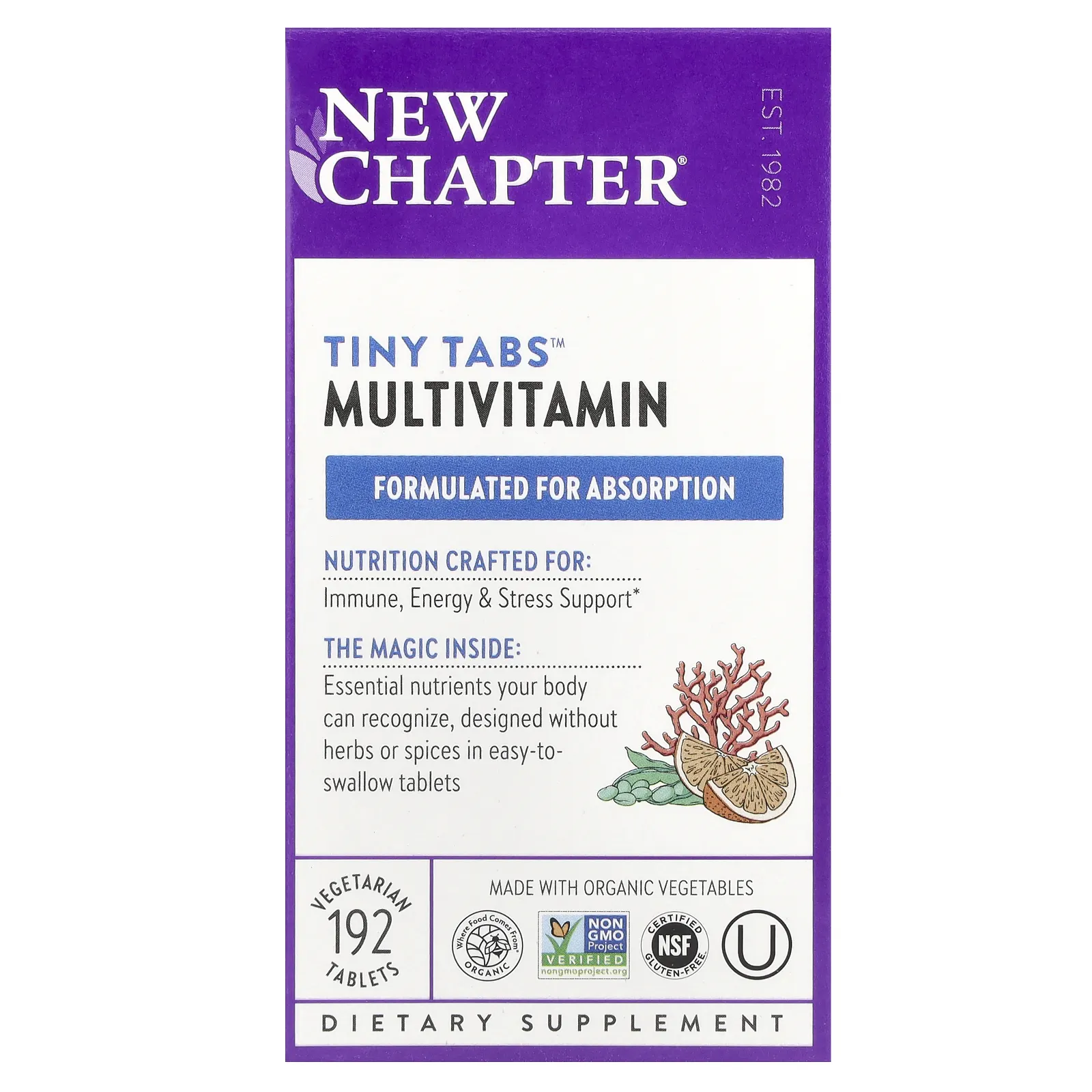 New Chapter, Multivitamin Tiny Tabs, полный витаминный комплекс на основе цельных продуктов, 192 вегетарианских таблетки