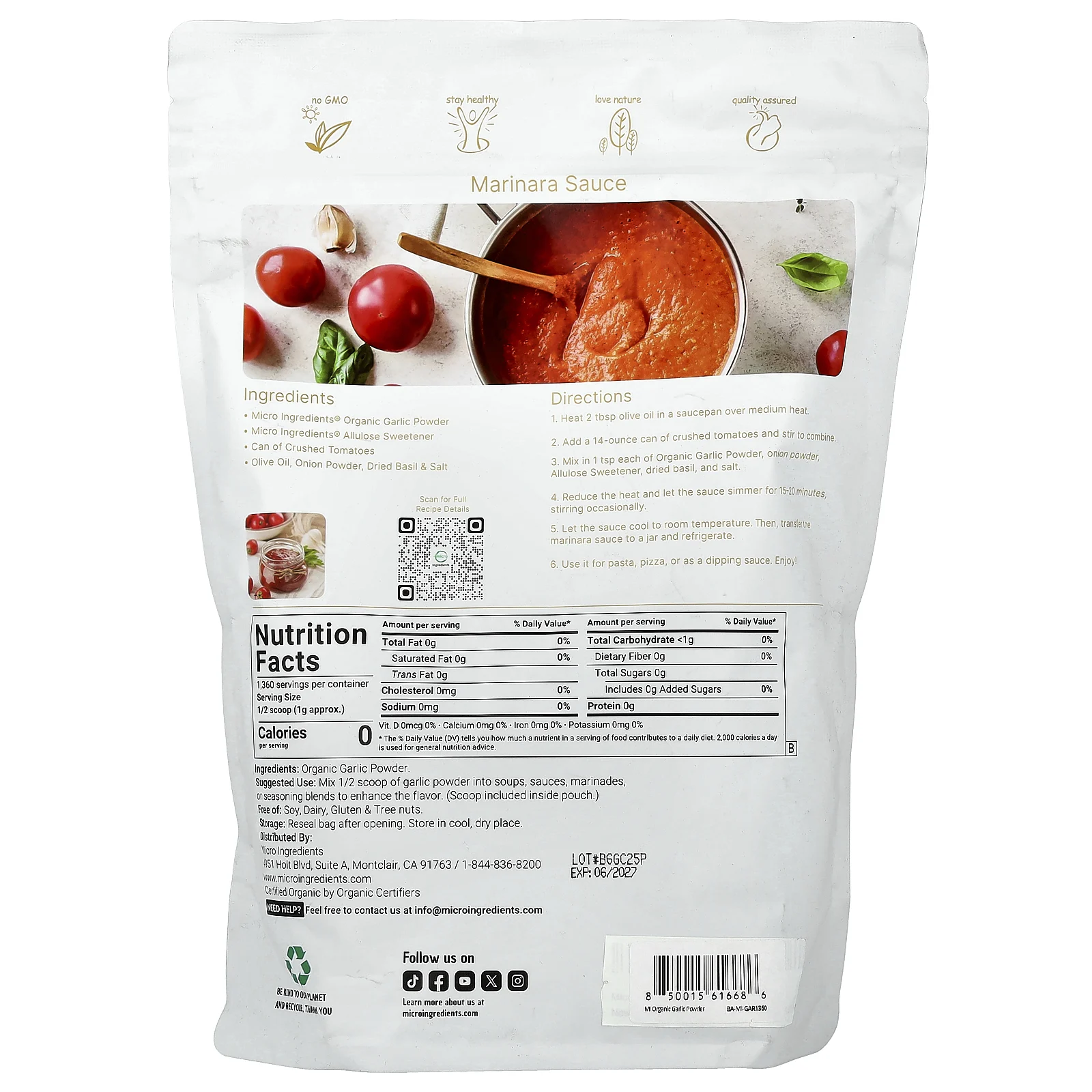 Micro Ingredients, органический чесночный порошок, 1360 г (3 фунта)