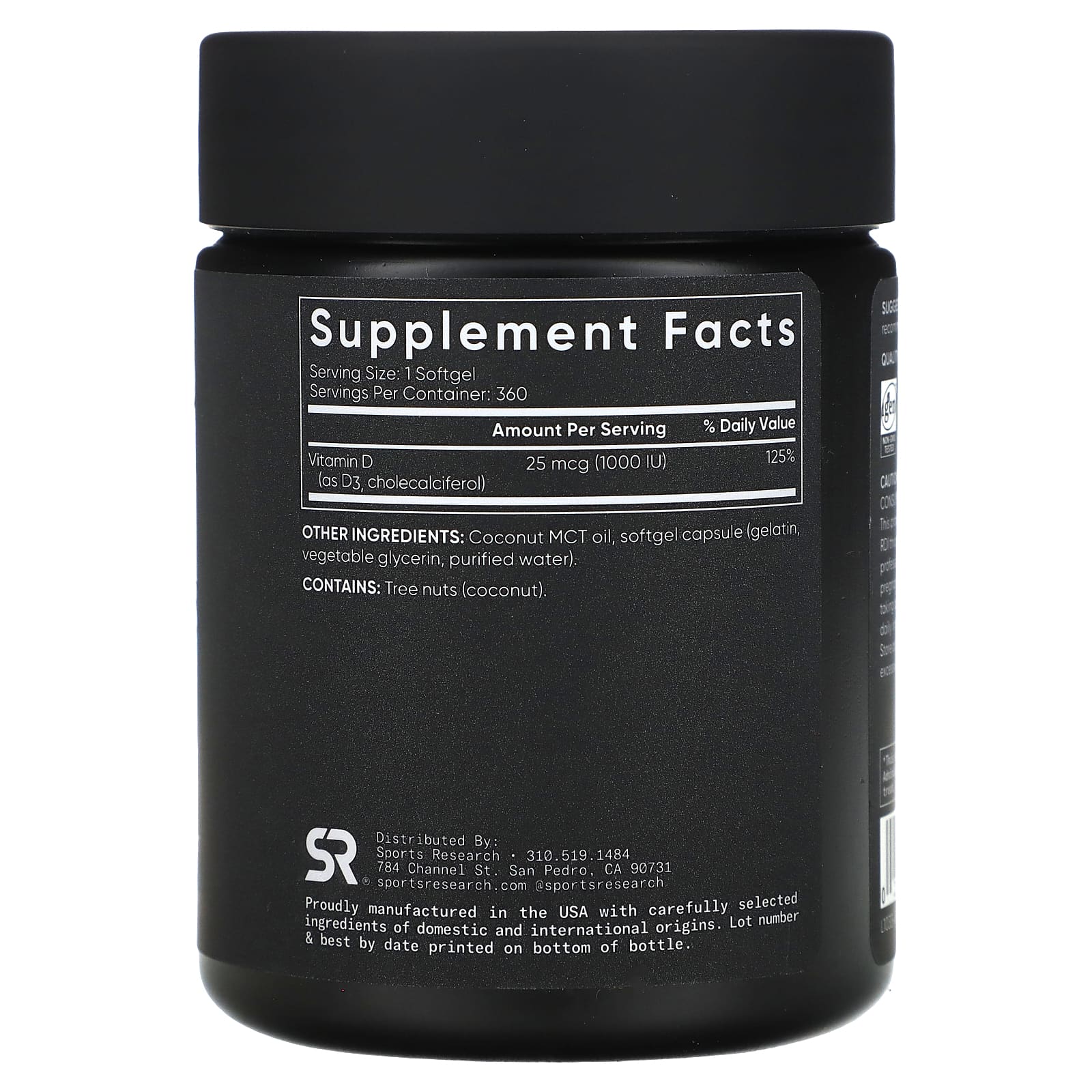 Sports Research, витамин D3, высокоактивный, 25 мкг (1000 МЕ), 360 мягких таблеток