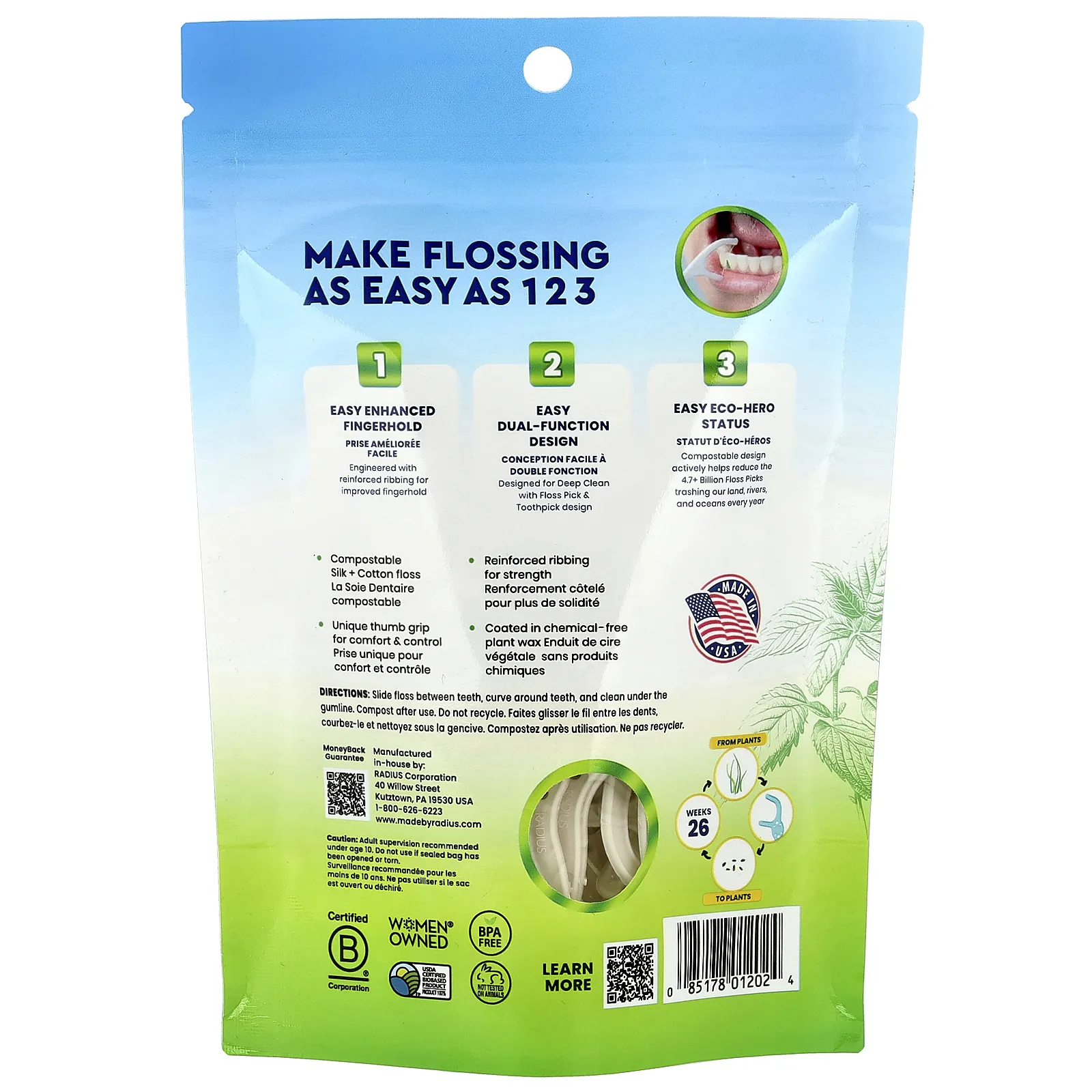 RADIUS, EcoClean Floss Picks ™, мятная мята, 50 компостируемых зубочисток