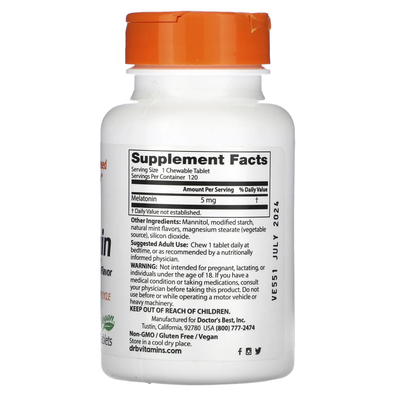 Doctor's Best, мелатонин, натуральная мята, 5 мг, 120 жевательных таблеток