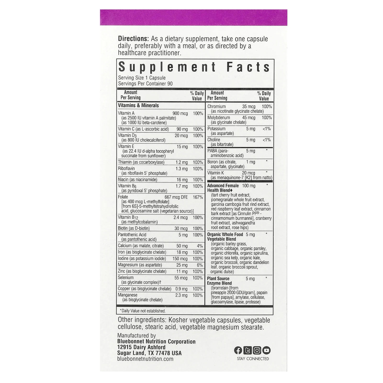 Bluebonnet Nutrition, Ladies 'ONE, комплекс на основе цельных продуктов, 90 растительных капсул