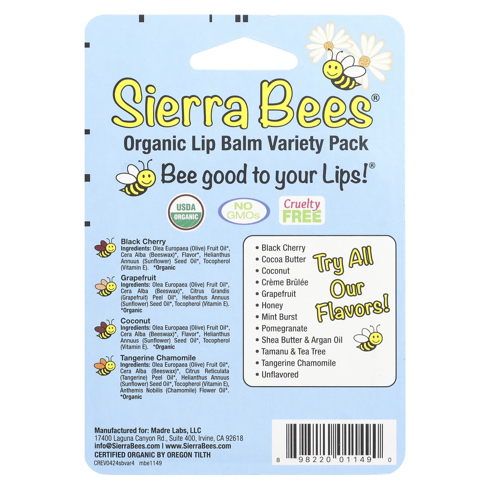 Sierra Bees, набор органических бальзамов для губ, 4 штуки, вес: 4,25 г (0,15 унции) каждый