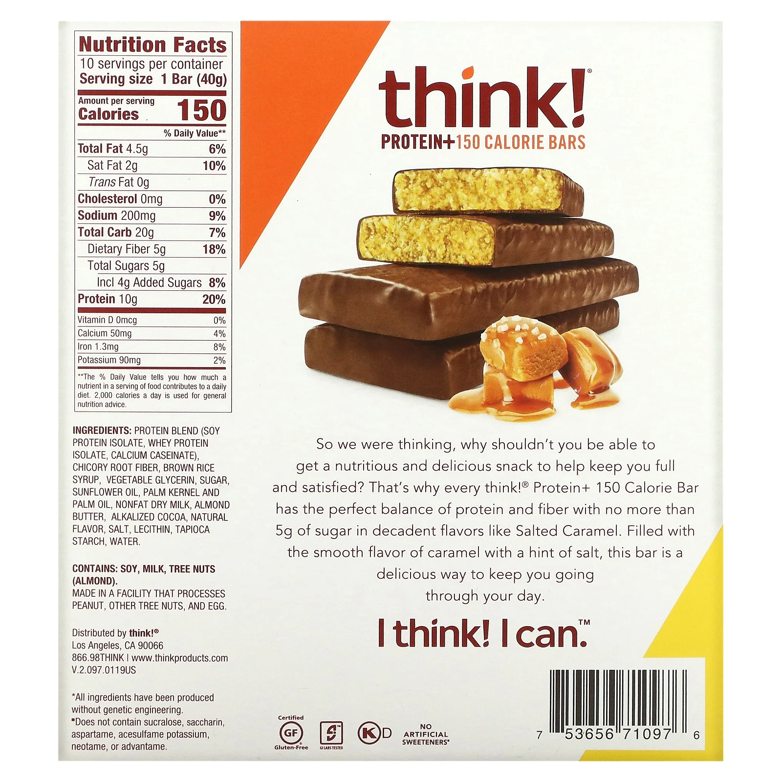 Think !, Батончики Protein + 150 Calorie, соленая карамель, 10 батончиков по 1,41 унции (40 г) каждый