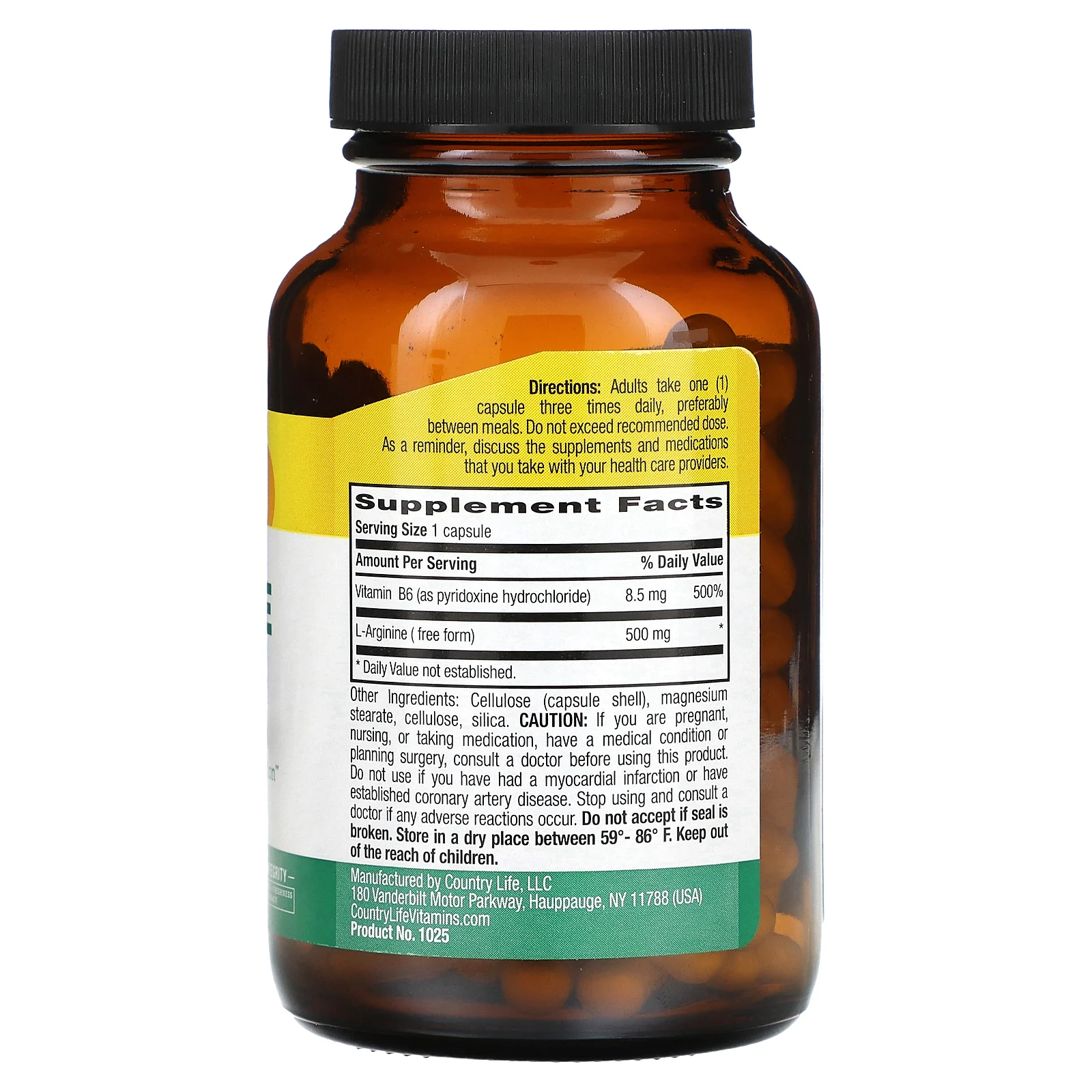 Country Life, L-аргинин, 500 мг, 100 веганских капсул