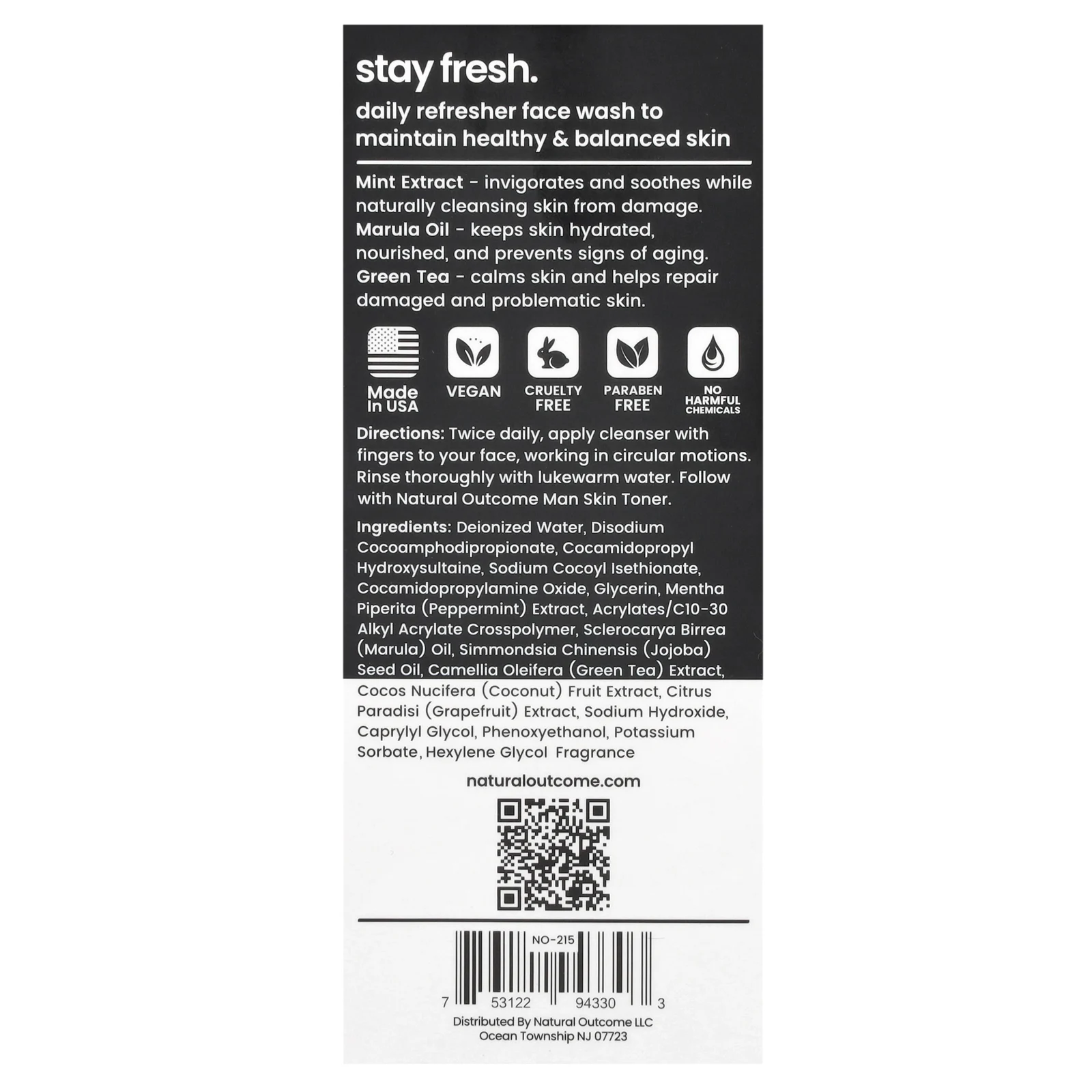 Natural Outcome, Manskin, очищающее средство Stay Fresh, мята и марула, 236 мл (8 унций)