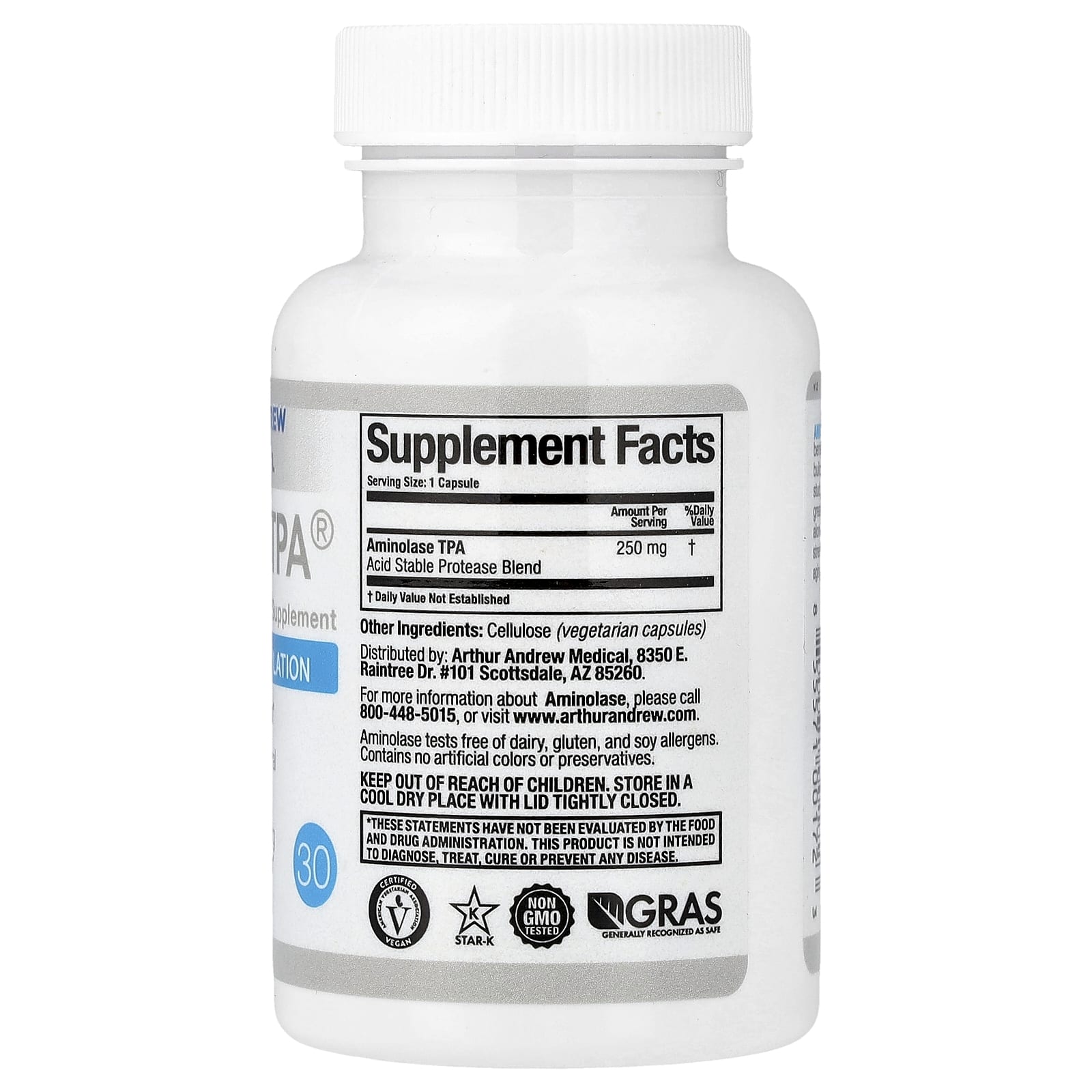 Arthur Andrew Medical, аминолаза TPA®, 30 капсул (250 мг в 1 капсуле)
