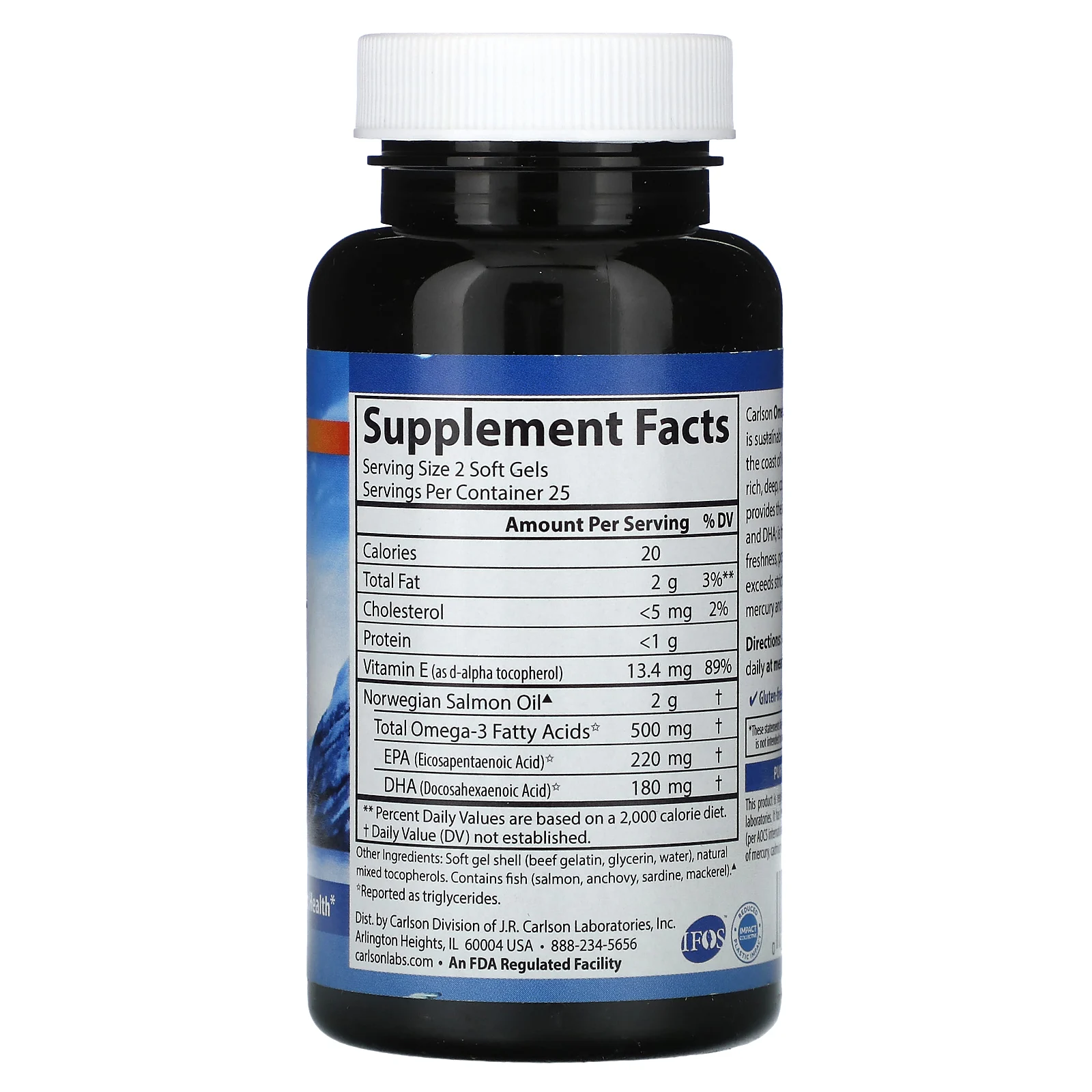 Carlson, омега-3, обогащенный лососевым жиром, 500 мг, 50 капсул (250 мг в 1 капсуле)
