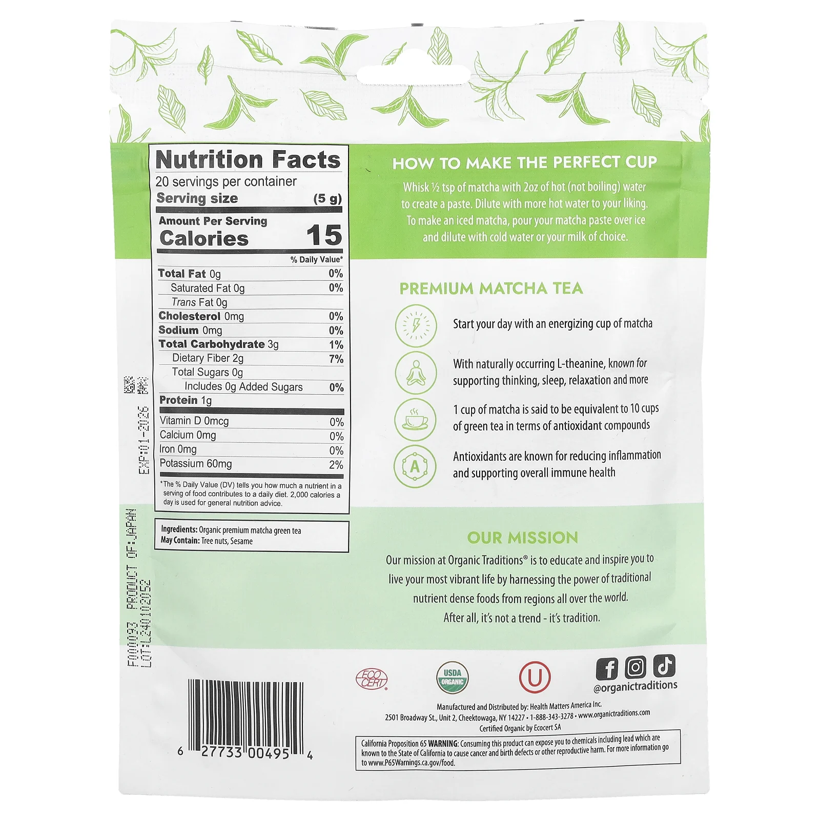 Organic Traditions, Премиум зеленый чай матча, 3,5 унции (100 г)