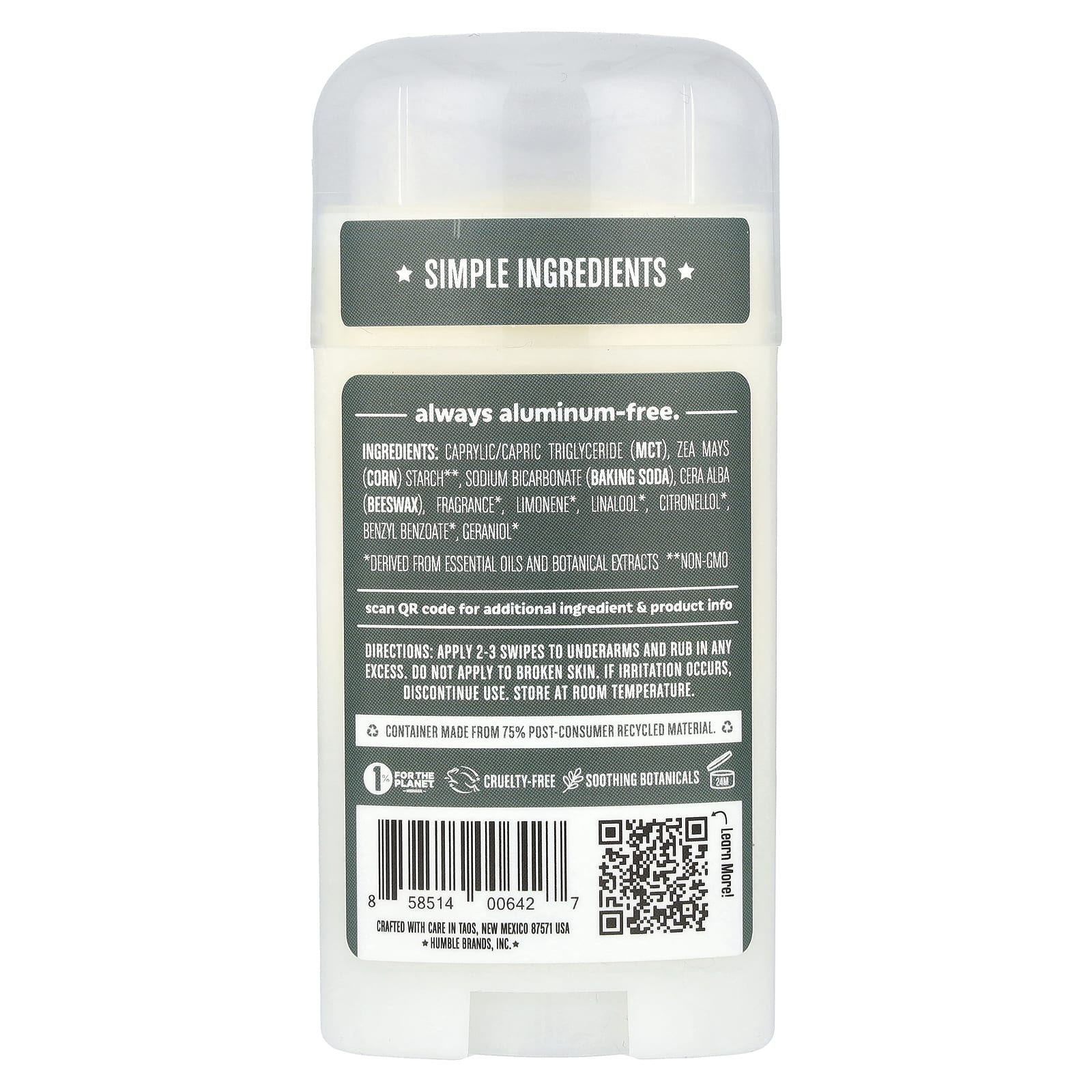 Humble Brands, Дезодорант без алюминия, черная ель, 70 г (2,5 унции)