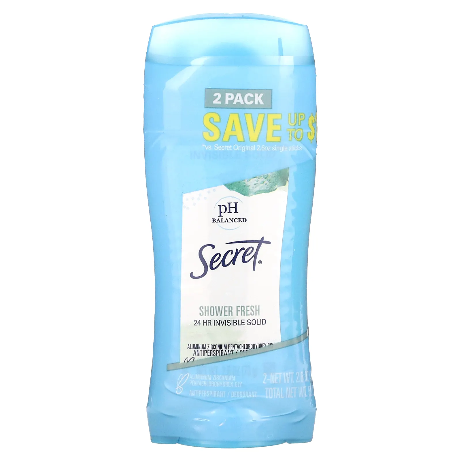 Secret, твердый антиперспирант/дезодорант, не оставляющий следов, сбалансированный уровень pH, «Свежесть», упаковка из 2 штук, 73 г (2,6 унции) каждый