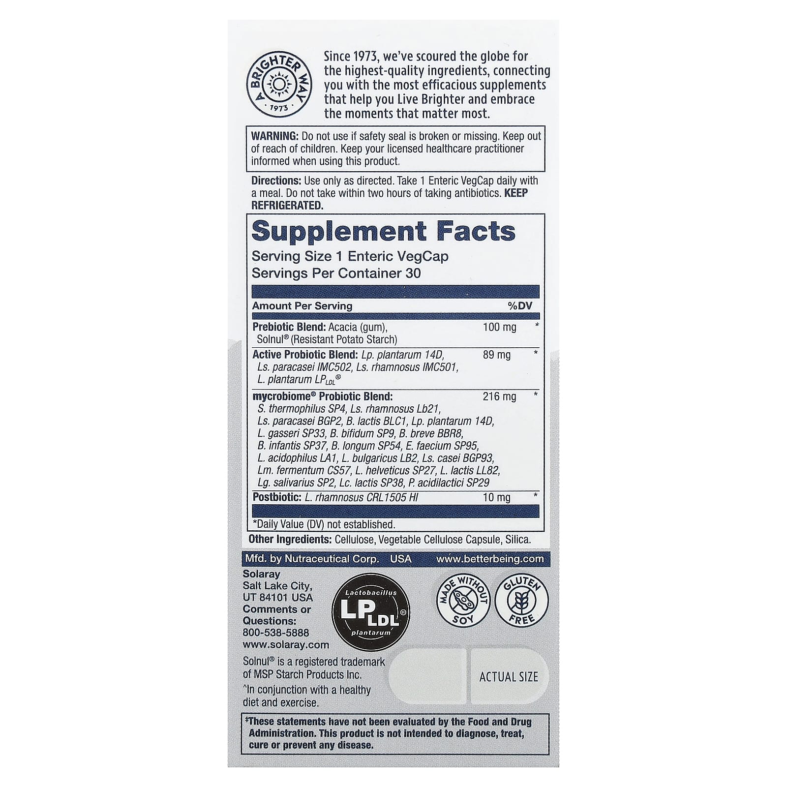 Solaray, Mycrobiome®, полноценный пробиотик, активный, 30 вегетарианских капсул