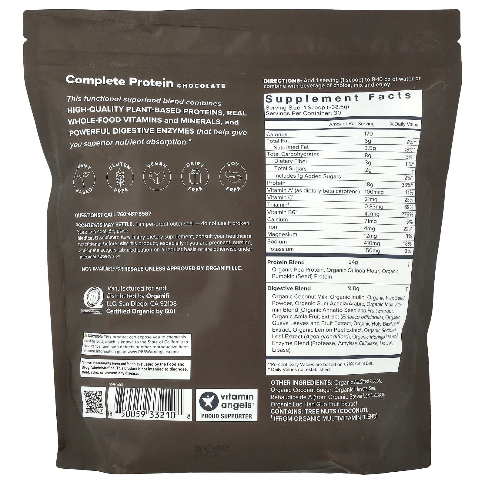 Organifi, Полноценный протеин на растительной основе, шоколад, 2 фунта (8,85 унции)