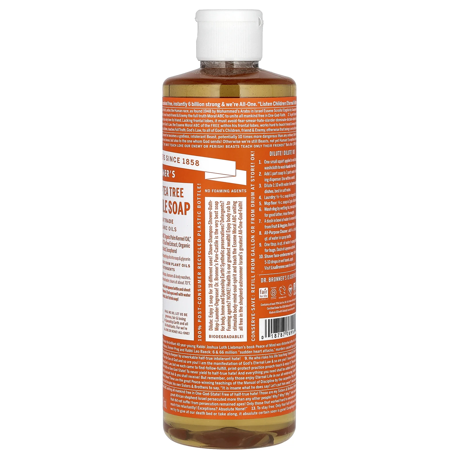 Dr. Bronner's, 18-в-1 чистое кастильское мыло из конопли, чайное дерево, 473 мл (16 жидк. Унций)