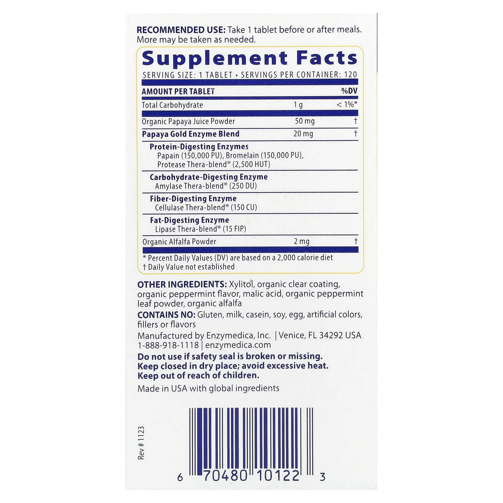 Enzymedica, Papaya Gold, папайя и мята, 120 таблеток