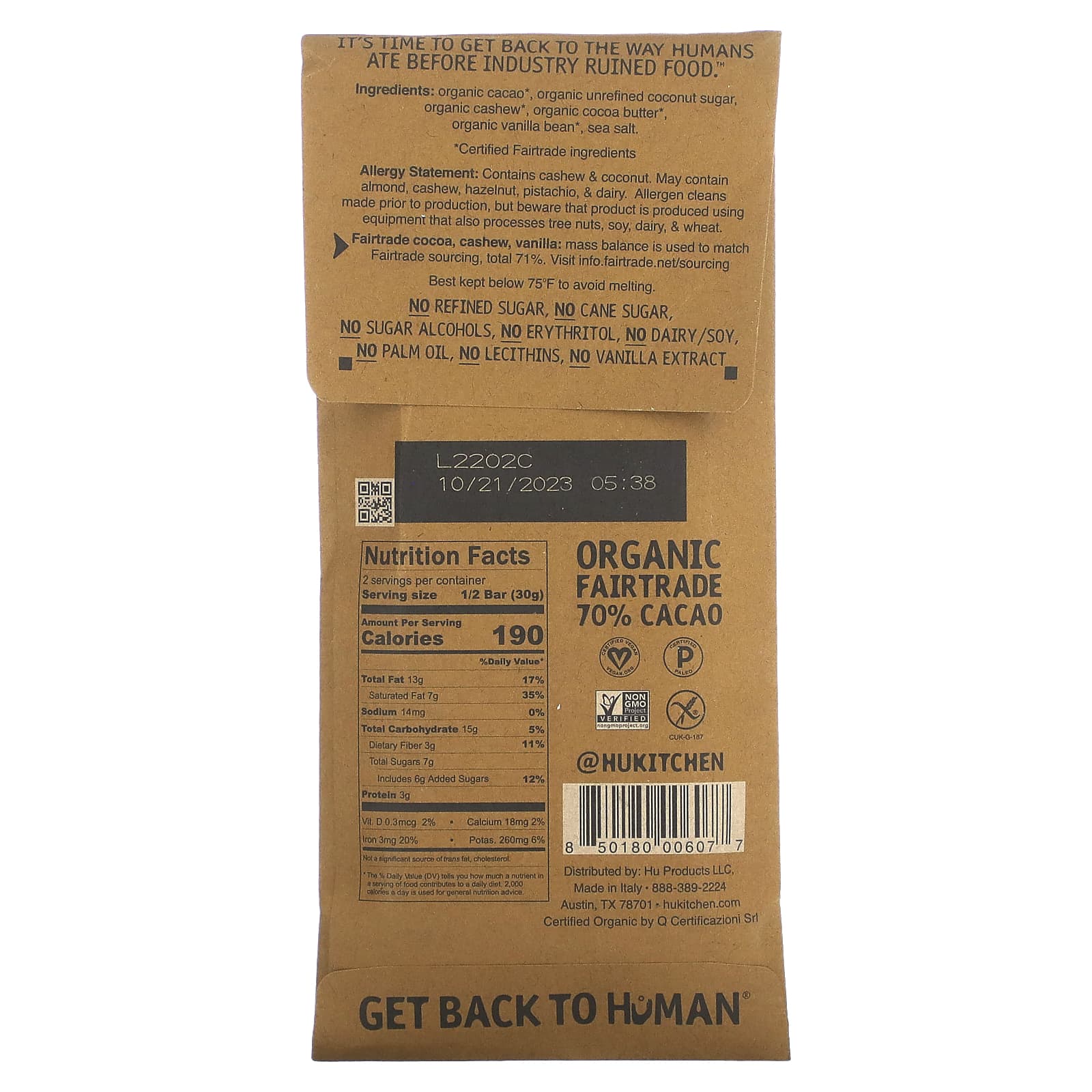 Hu, масло кешью, чистые стручки ванили и темный шоколад, 60 г (2,1 унции)