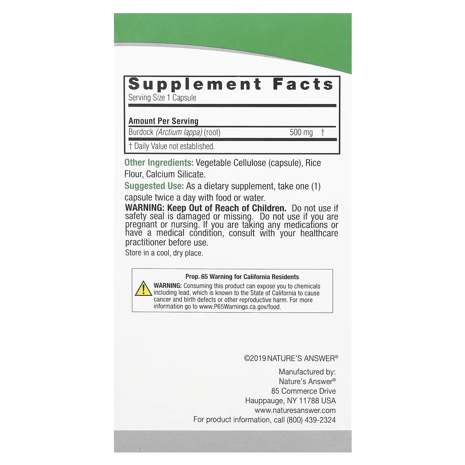 Nature's Answer, Лопух, трава полного спектра, 500 мг, 90 вегетарианских капсул