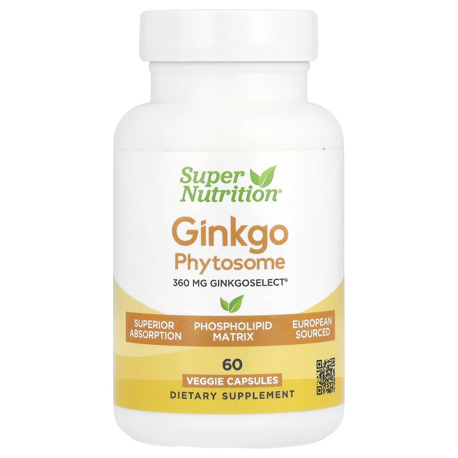 Super Nutrition, Ginkgo Phytosome, фитосомы гинкго, 360 мг, 60 растительных капсул