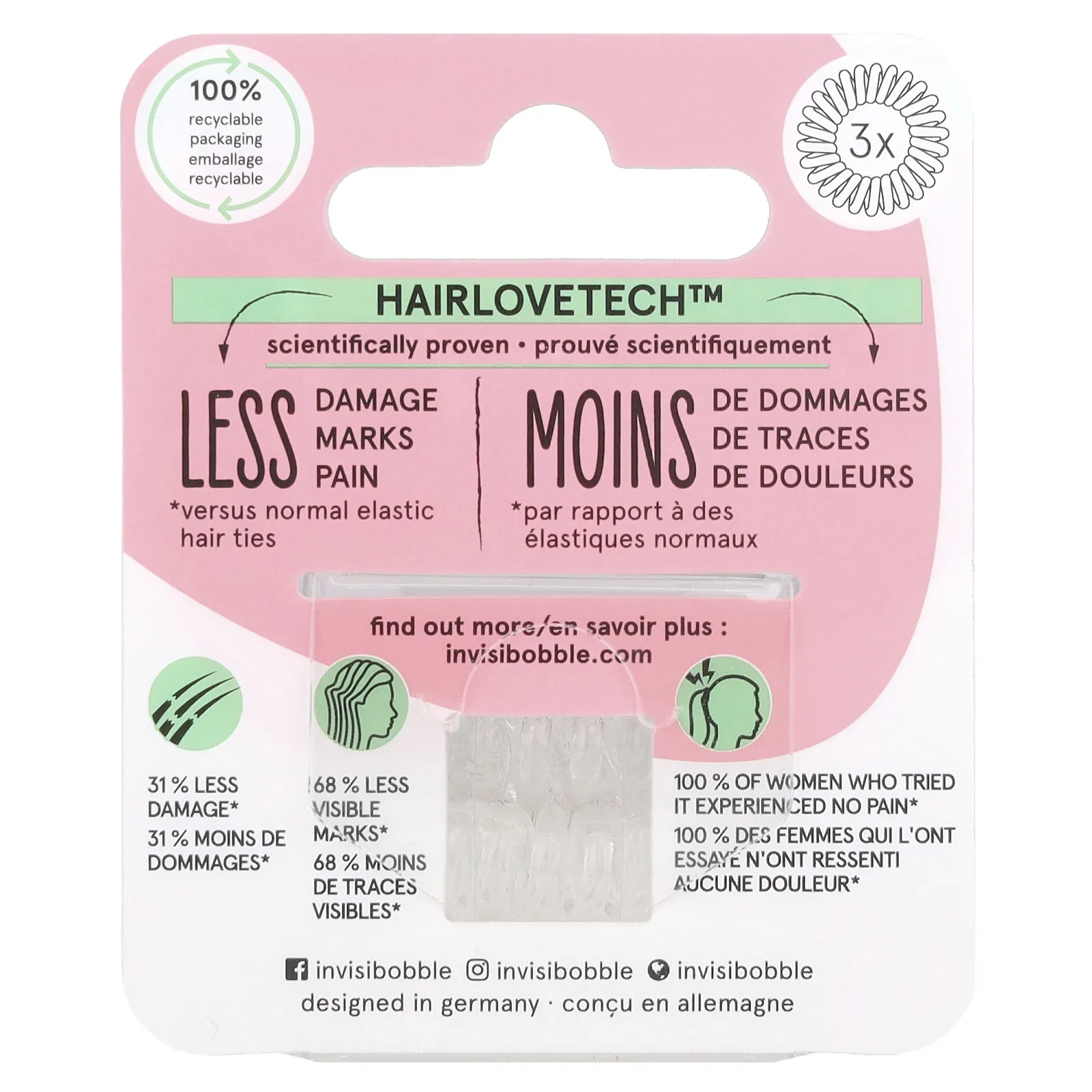 Invisibobble, Original, бесследное кольцо для волос, кристально чистое, 3 шт. В упаковке