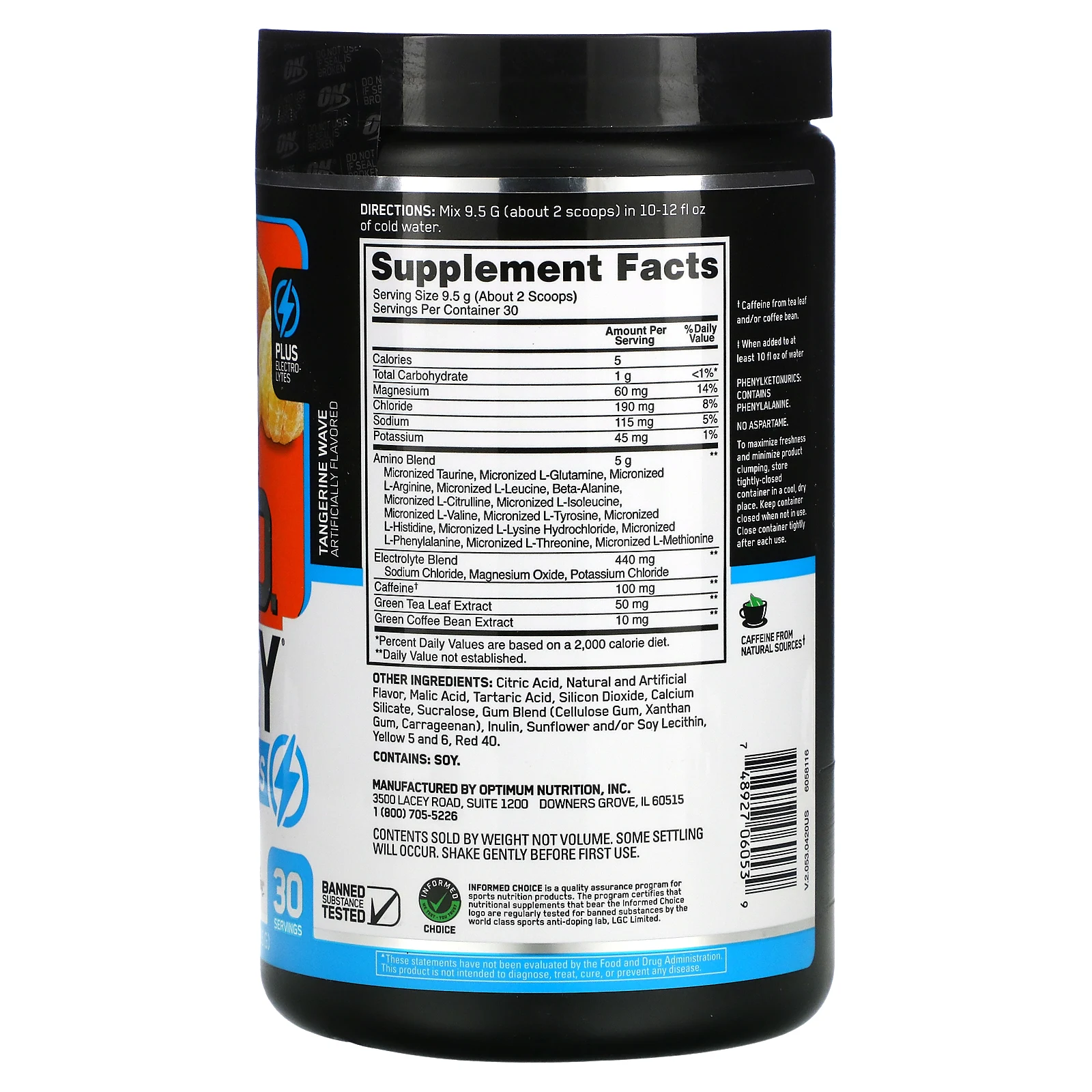 Optimum Nutrition, ESSENTIAL AMIN.O. ENERGY + ELECTROLYTES, Tangerine Wave, 285 г (10,05 унции)