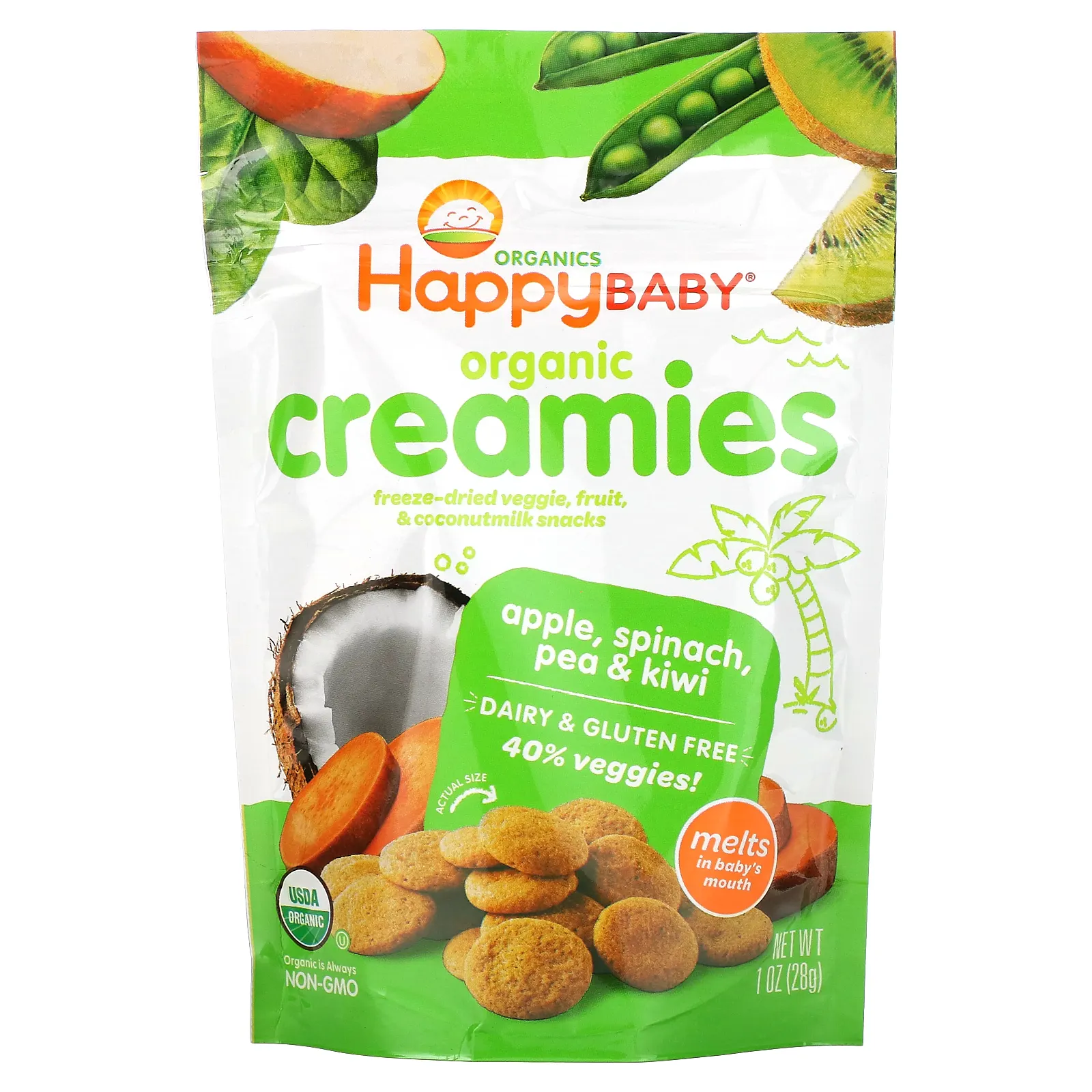 Happy Family Organics, Organic Creamies, снеки из сублимированных овощей, фруктов и кокосового молока, яблоко, шпинат, горох и киви, 28 г (1 унция)
