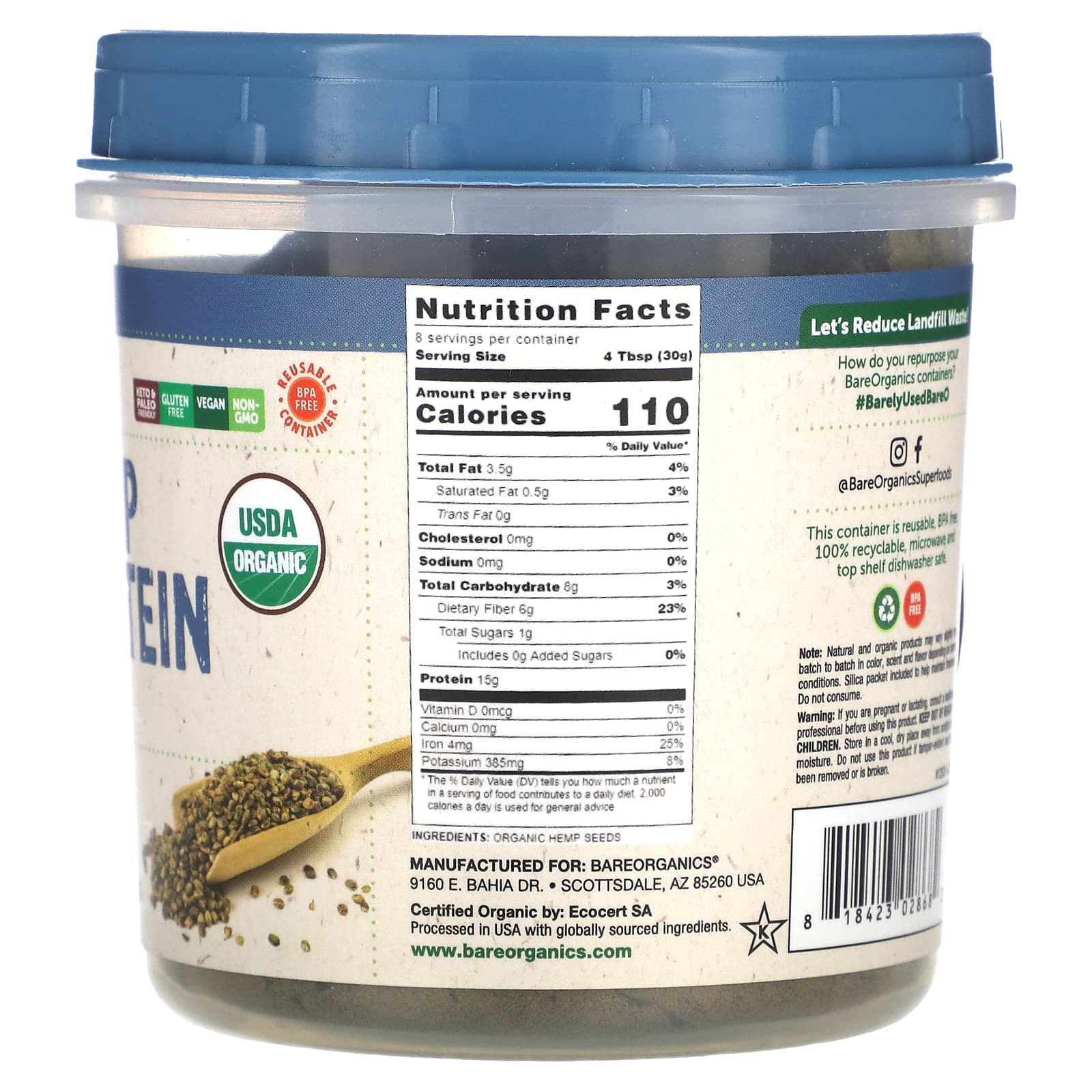 BareOrganics, Порошок из органического конопляного протеина, 227 г (8 унций)