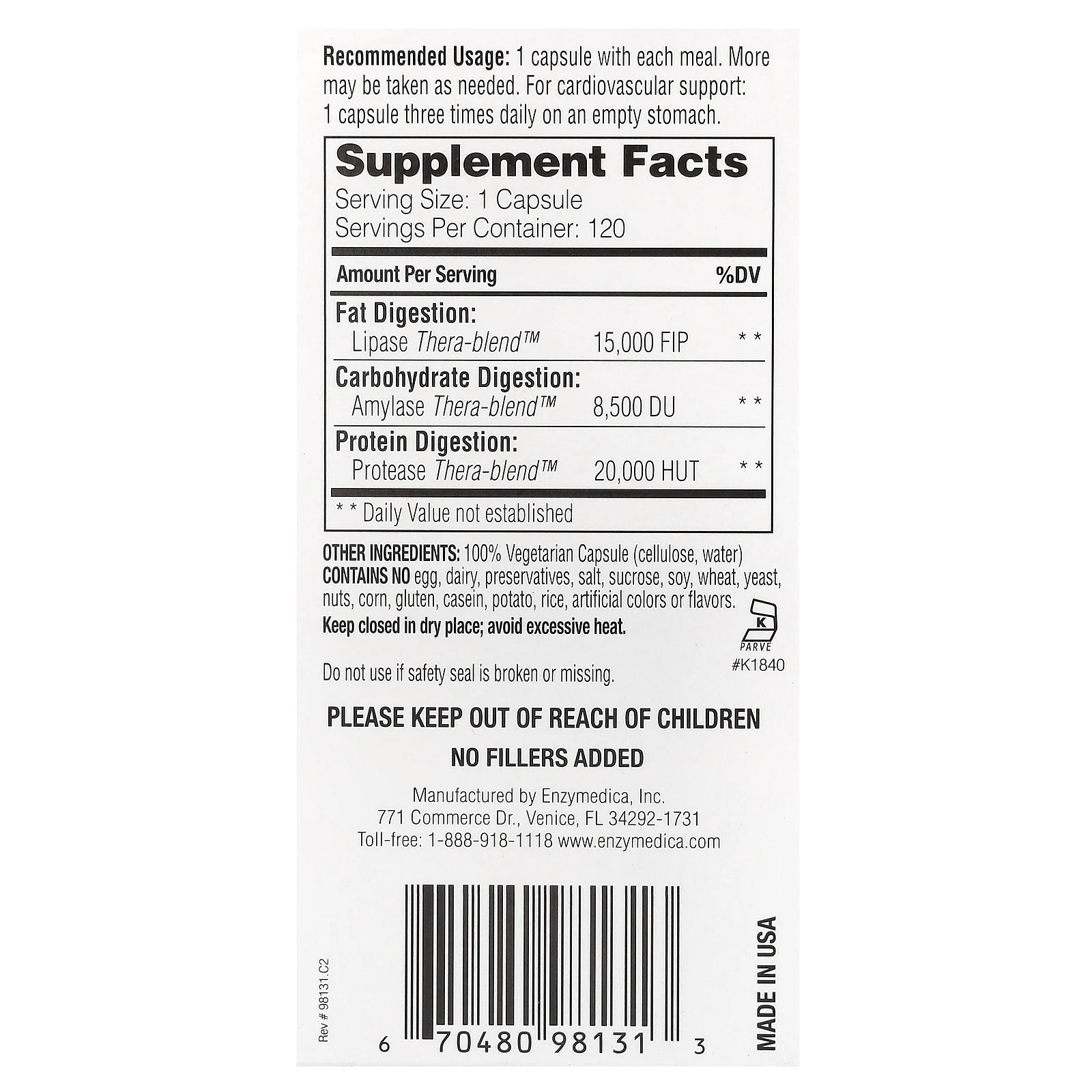 Enzymedica, Lypo Gold, препарат для переваривания жиров, 120 капсул