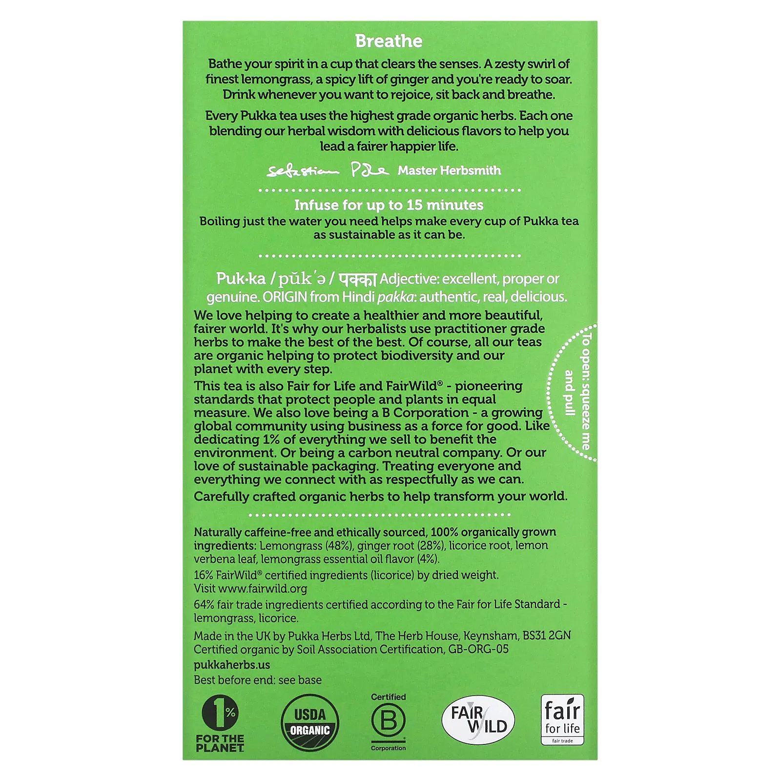 Pukka Herbs, Органический травяной чай, лемонграсс и имбирь, без кофеина, 20 пакетиков, 36 г (1,27 унции)