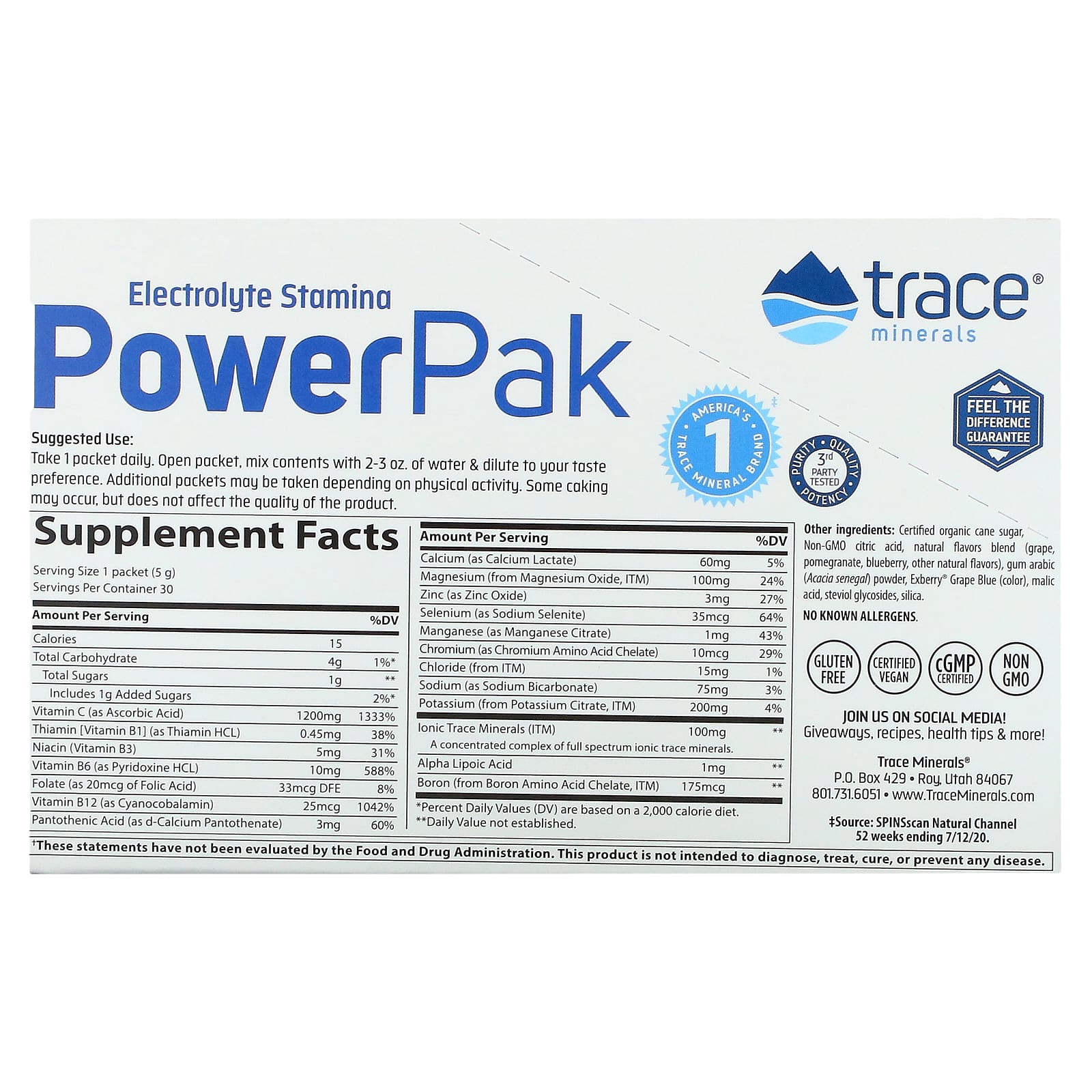 Trace Minerals ®, электролит для повышения выносливости, PowerPak, со вкусом граната и черники, 30 пакетиков по 5 г (0,18 унции)