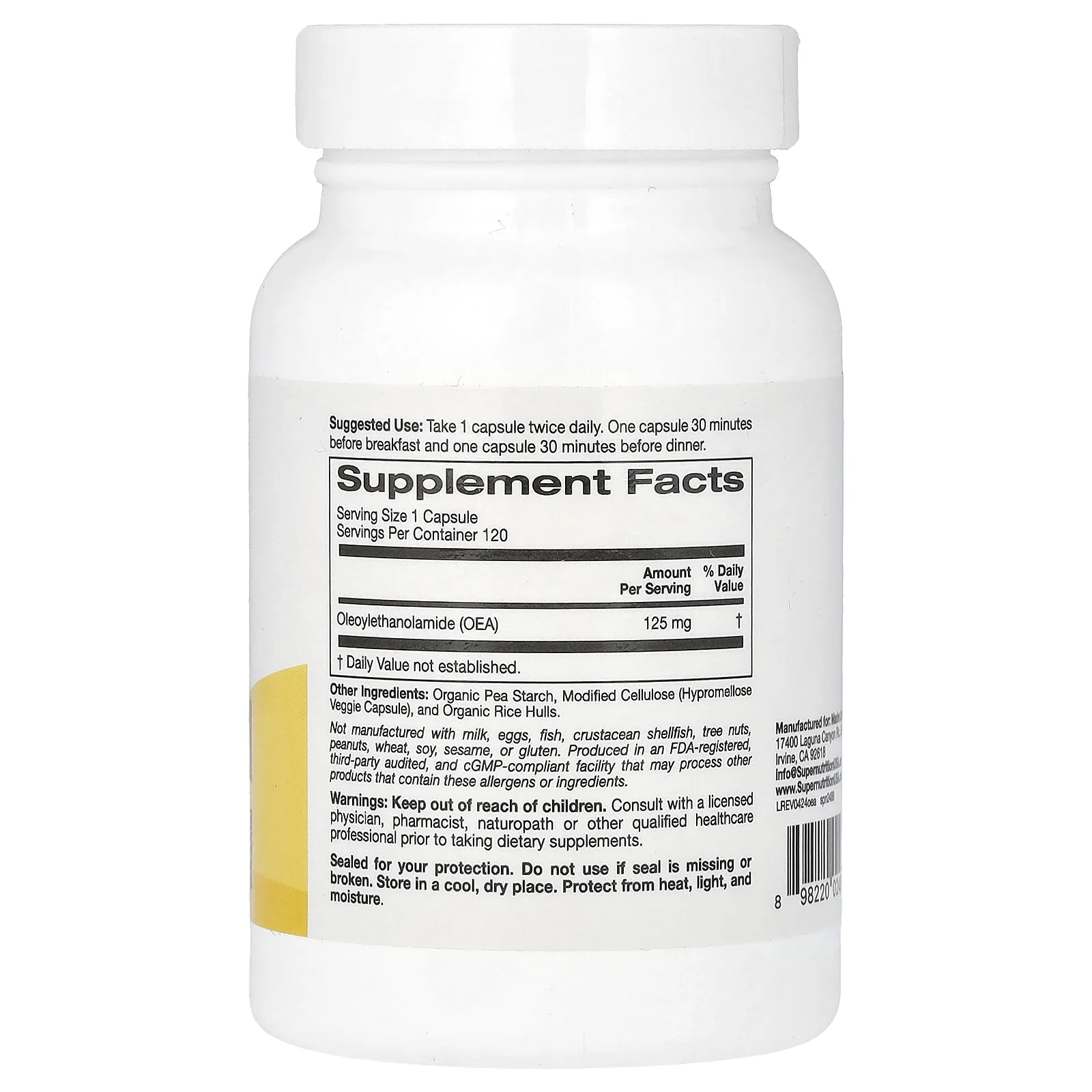 Super Nutrition, OЭA (олеоилэтаноламид), 125 мг, 120 растительных капсул