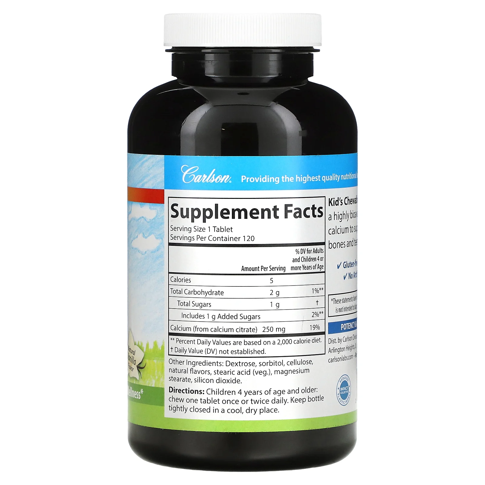 Carlson, Жевательные таблетки с кальцием для детей, с натуральным ванильным вкусом, 250 мг, 120 таблеток